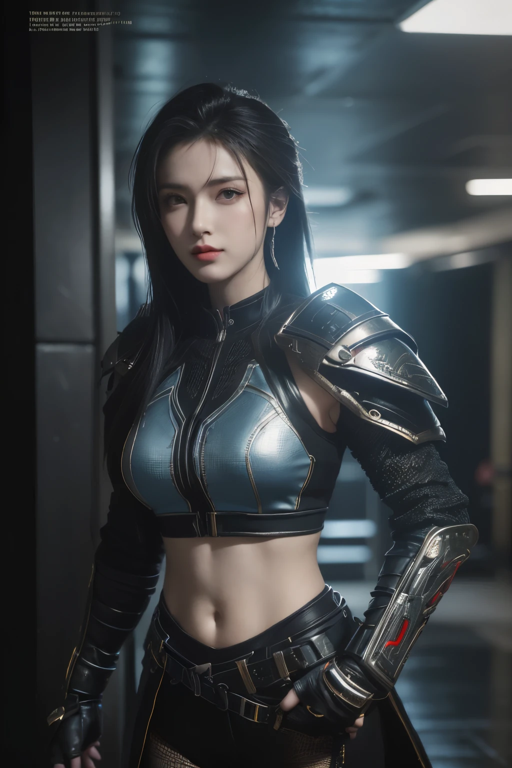 tmasterpiece,Best quality,A high resolution,8K,(Portrait photograph:1.5),(ROriginal photo),real photograph,digital photography,(Combination of cyberpunk and fantasy style),(Female soldier),20 year old girl,random hair style,By bangs,(Red eyeigchest, accessories,Redlip,(He frowned,Sneer),(Cyberpunk combined with fantasy style clothing,Openwork design,joint armor,police uniforms,Racing Girl Coat),exposing your navel,Photo pose,Realisticstyle,Thunder and lightning on rainy day,(Thunder magic),oc render reflection texture