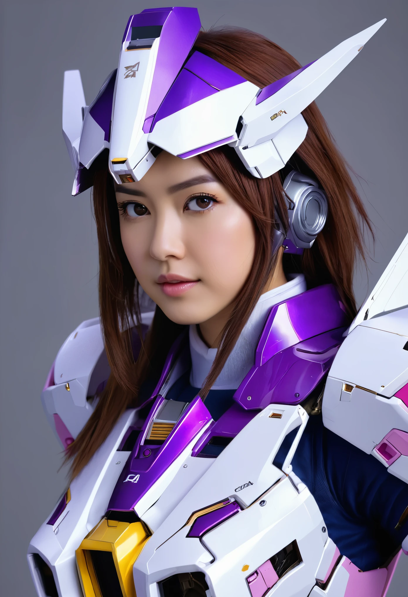 RAW, Masterpiece, Ultra Fine Photo,, Best Quality, Ultra High Resolution, Photorealistic, Sunlight, Full Body Portrait, Stunningly Beautiful,, Dynamic Poses, Delicate Face, Vibrant Eyes, (Side View) a full body of a woman in a purple and white gundam custume, dybamic pose, long brown very very long hair rapunzel, girl in mecha cyber armor, portrait armored astronaut girl, d. va from overwatch, female mecha, on a gundam, gundam head, chiho aoshima color scheme, mobile suit, streamlined purple armor, fully robotic!! girl, realistic cosplay, gundam armor (dynamic pose) (best cameraview), full body, sit down, full body