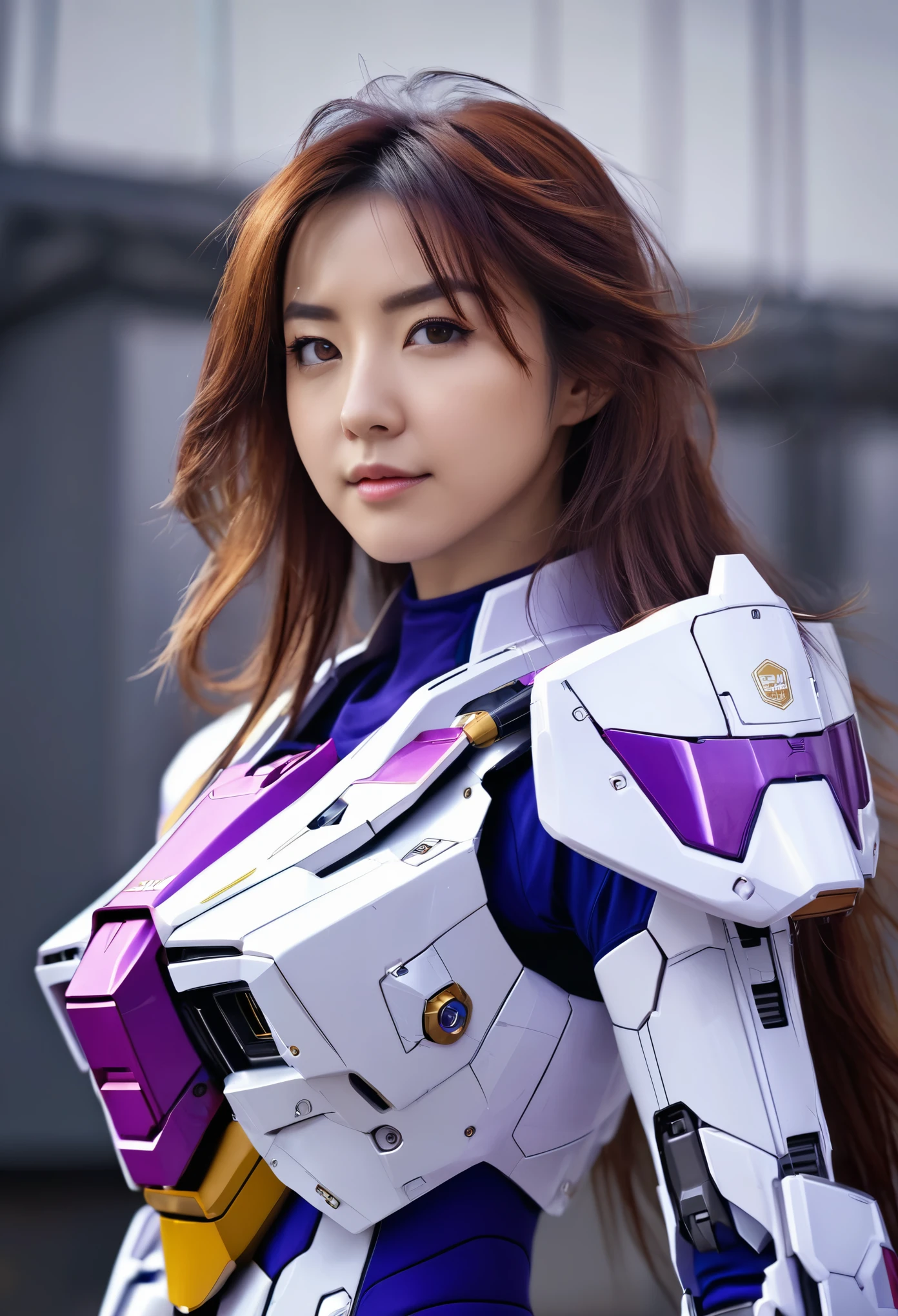 RAW, Masterpiece, Ultra Fine Photo,, Best Quality, Ultra High Resolution, Photorealistic, Sunlight, Full Body Portrait, Stunningly Beautiful,, Dynamic Poses, Delicate Face, Vibrant Eyes, (Side View) a full body of a woman in a purple and white gundam custume, dybamic pose, long brown very very long hair rapunzel, girl in mecha cyber armor, portrait armored astronaut girl, d. va from overwatch, female mecha, on a gundam, gundam head, chiho aoshima color scheme, mobile suit, streamlined purple armor, fully robotic!! girl, realistic cosplay, gundam armor (dynamic pose) (best cameraview), full body, sit down, full body