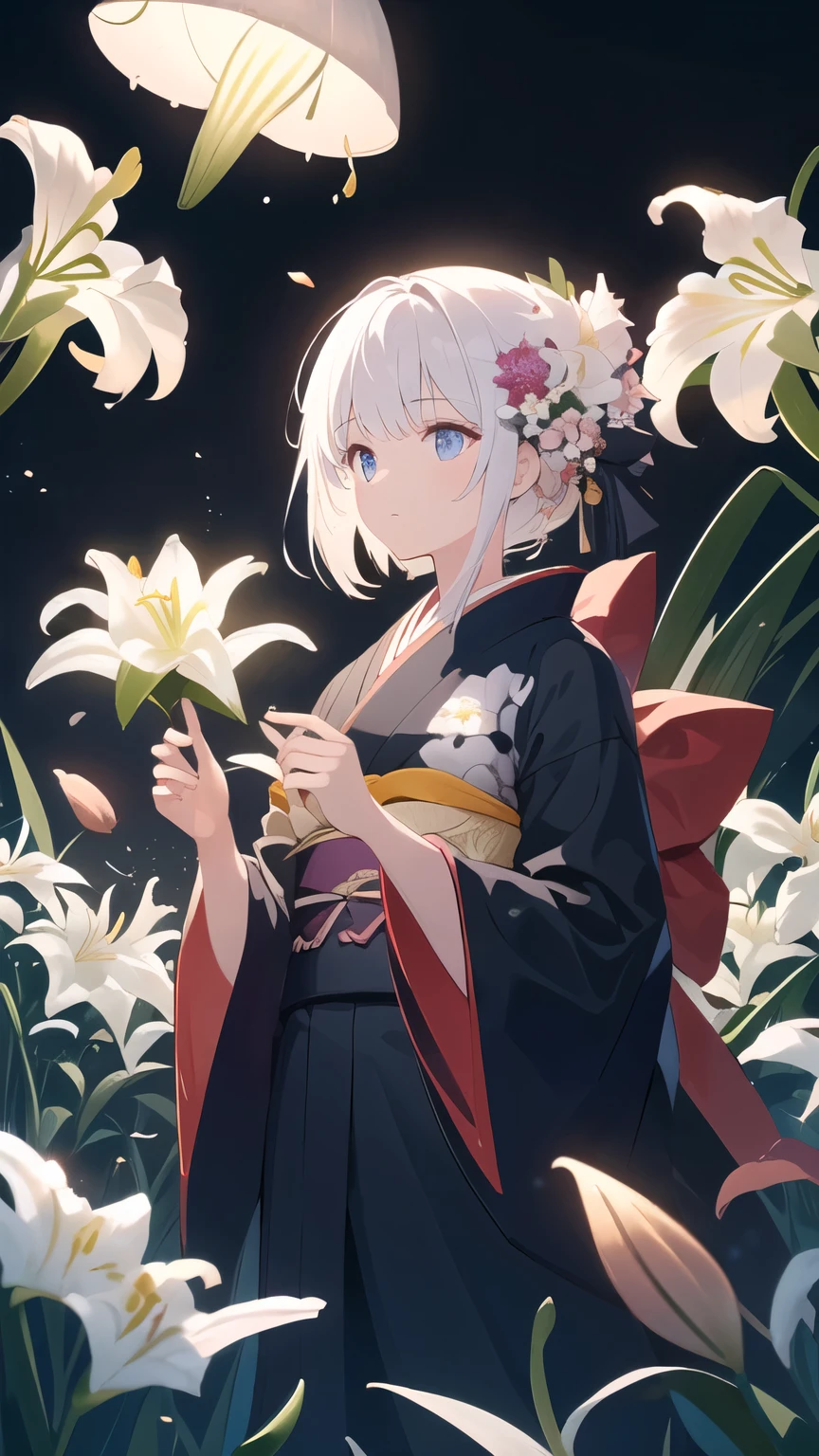 masterpiece, best quality, high resolution, detailed, illustration, (black background:1.2), Ray tracing, night, (flower field:1.2), (lily:1.2), jellyfish, petal, light particles, Cowboy shooting, 1 girl, alone, holding flowers, (black kimono:1.2), white hair, Urgent 1, 