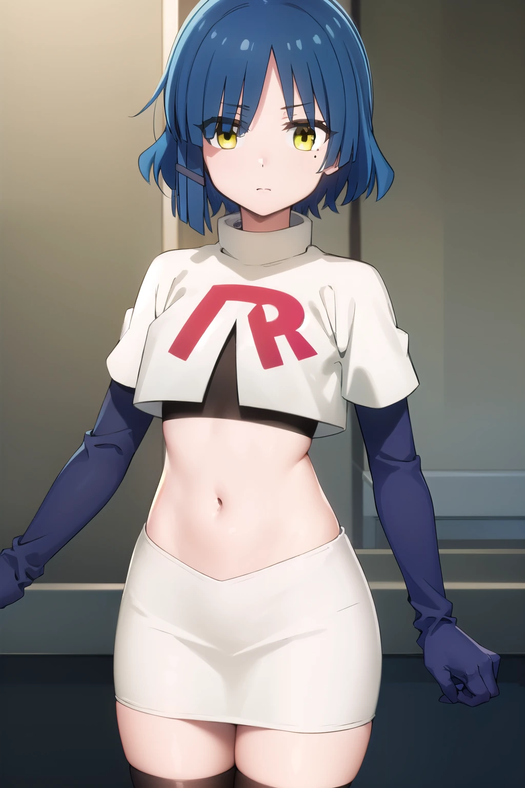 ryouyamada, ryou yamada, blue hair, eyes visible through hair, mole, mole under eye, short hair, (yellow eyes:1.3), hairclips,
BREAK team rocket,team rocket uniform,white skirt,red letter R,crop top,black thigh-highs,black elbow gloves
BREAK looking at viewer, (cowboy shot:1.5),
BREAK (masterpiece:1.2), best quality, high resolution, unity 8k wallpaper, (illustration:0.8), (beautiful detailed eyes:1.6), extremely detailed face, perfect lighting, extremely detailed CG, (perfect hands, perfect anatomy),