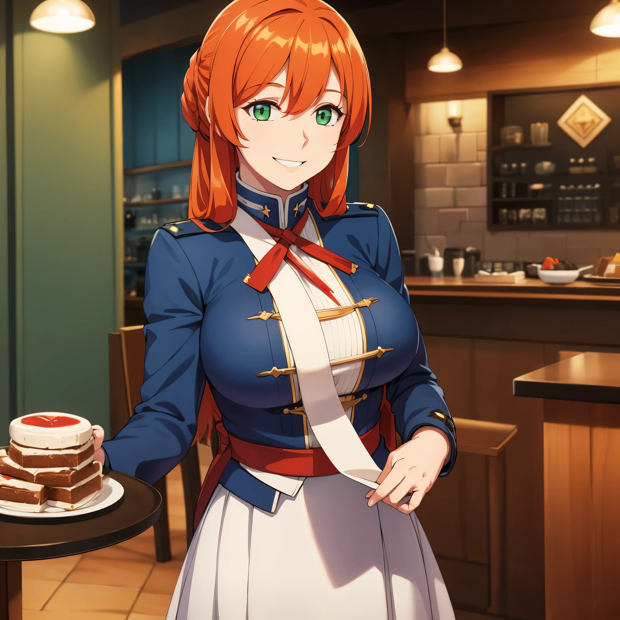 A woman wearing a blue military coat, white skirt, orange red hair, green eyes, smiling, big breasts, in a cafe holding a tray with sweets,HDR, very detailed, ultra resolution, masterpiece. 8k hd.
