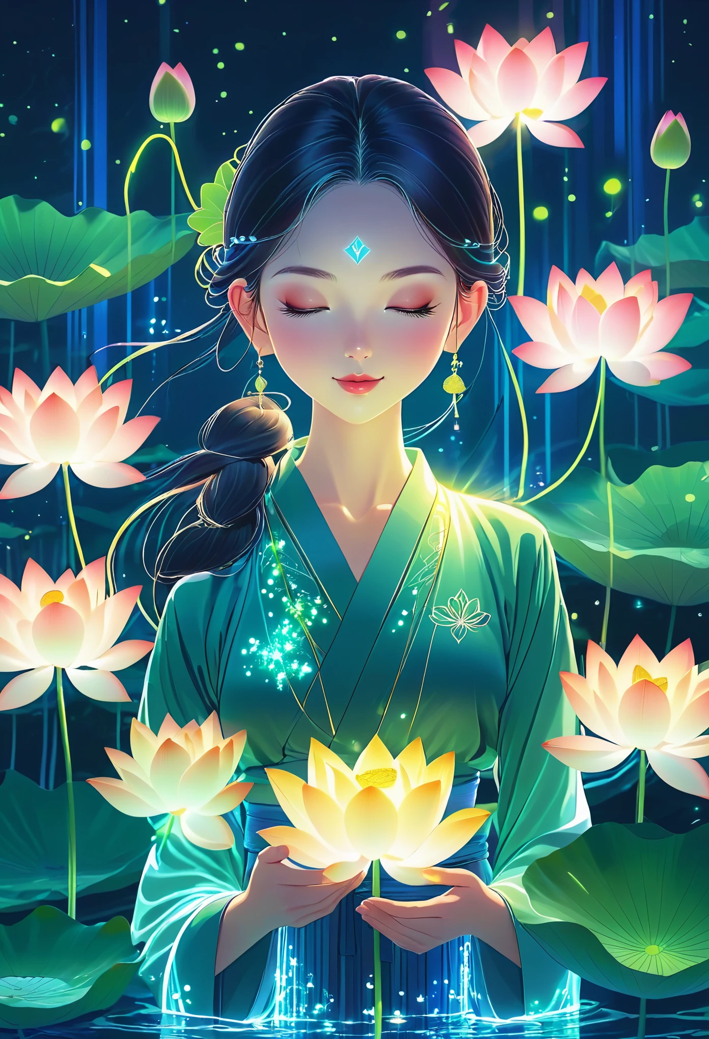 (masterpiece, best quality:1.2), Digital Art Style, charming illustration,Peace pictures,1 girl, Tall lotus,alone,body glow,glowing line,fluorescence,Luminous example,Tracking example,flash,萤light particles,backlight,translucent,light particles,correct human anatomy,