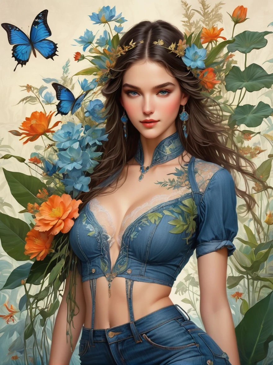 Summer tropical floral forest, at the Victoria's Secret Fashion Show, a Western beautiful girl wearing a denim blue sexy lace-trimmed top, adorned with flowers and plants, perfect symmetrical body shape, beautiful flawless symmetrical face, complex, elegant, very detailed, 8K, digital, trending on Pinterest, "Harper's Bazaar", concept art, sharp focus, illustration, authors: Art Jem, Tom Bagshaw, Lawrence Alma-Tadema, Greg Rutkowski, Norman Rockwell, golden ratio, gentle smile