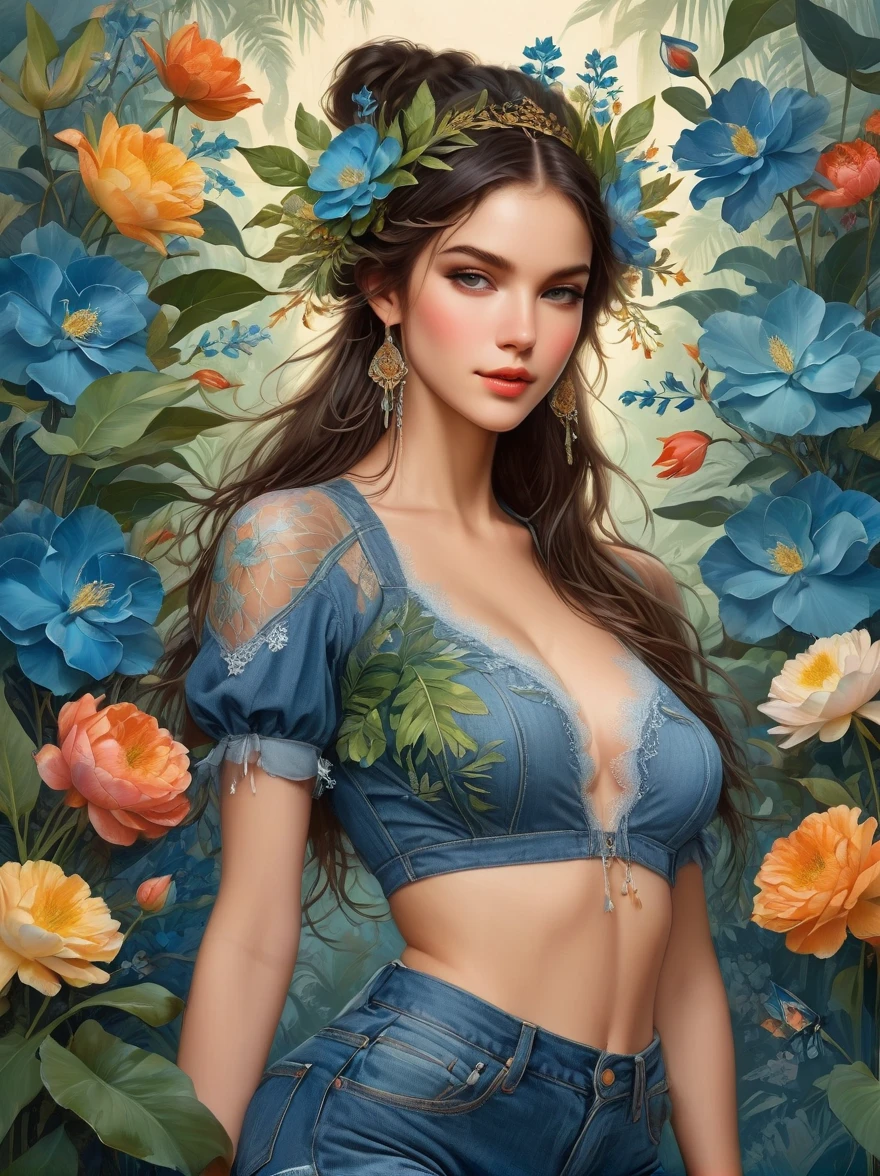 Summer tropical flower forest,Victoria's Secret Fashion Show,Beautiful western girl in denim blue sexy lace crop top,With flowers and plants,Perfectly symmetrical body shape,Beautiful, seamless, symmetrical face,complex,grace,Very detailed,8K,number,Trending on pinterest,《Harper Bazaar》、concept art、sharp focus、illustration、author:Art Jem,Tom Bagshaw,Lawrence Alma Tadema,Greg Rutkoski,norman rockwell,golden ratio,gentle smile