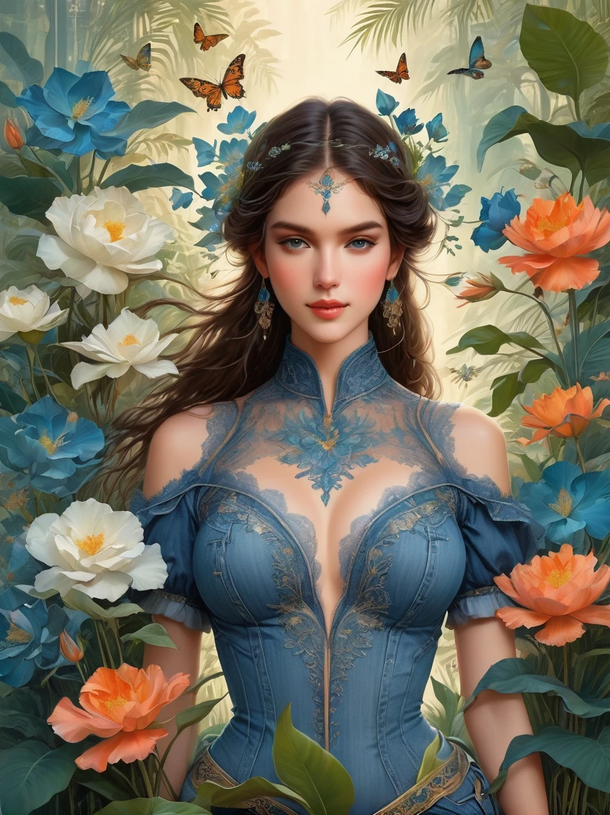 Summer tropical floral forest, at the Victoria's Secret Fashion Show, a Western beautiful girl wearing a denim blue sexy lace-trimmed top, adorned with flowers and plants, perfect symmetrical body shape, beautiful flawless symmetrical face, complex, elegant, very detailed, 8K, digital, trending on Pinterest, "Harper's Bazaar", concept art, sharp focus, illustration, authors: Art Jem, Tom Bagshaw, Lawrence Alma-Tadema, Greg Rutkowski, Norman Rockwell, golden ratio, gentle smile