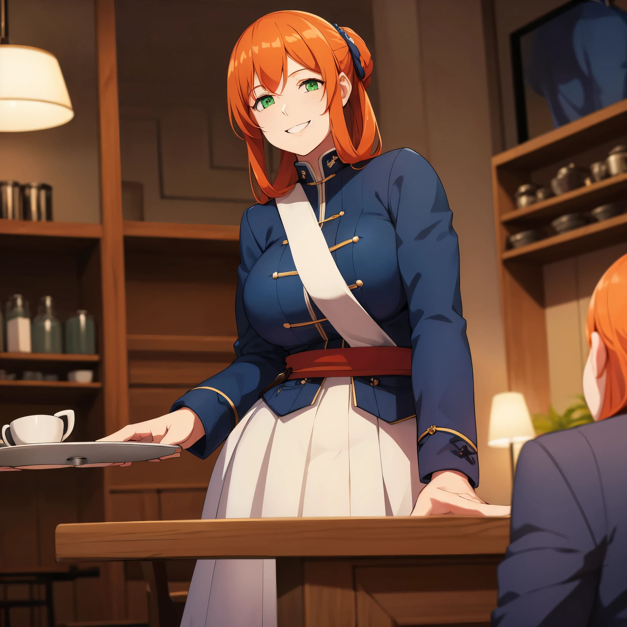 A woman wearing a blue military coat, white skirt, orange red hair, green eyes, smiling, big breasts, in a cafe holding a tray with sweets,HDR, very detailed, ultra resolution, masterpiece. 8k hd.
