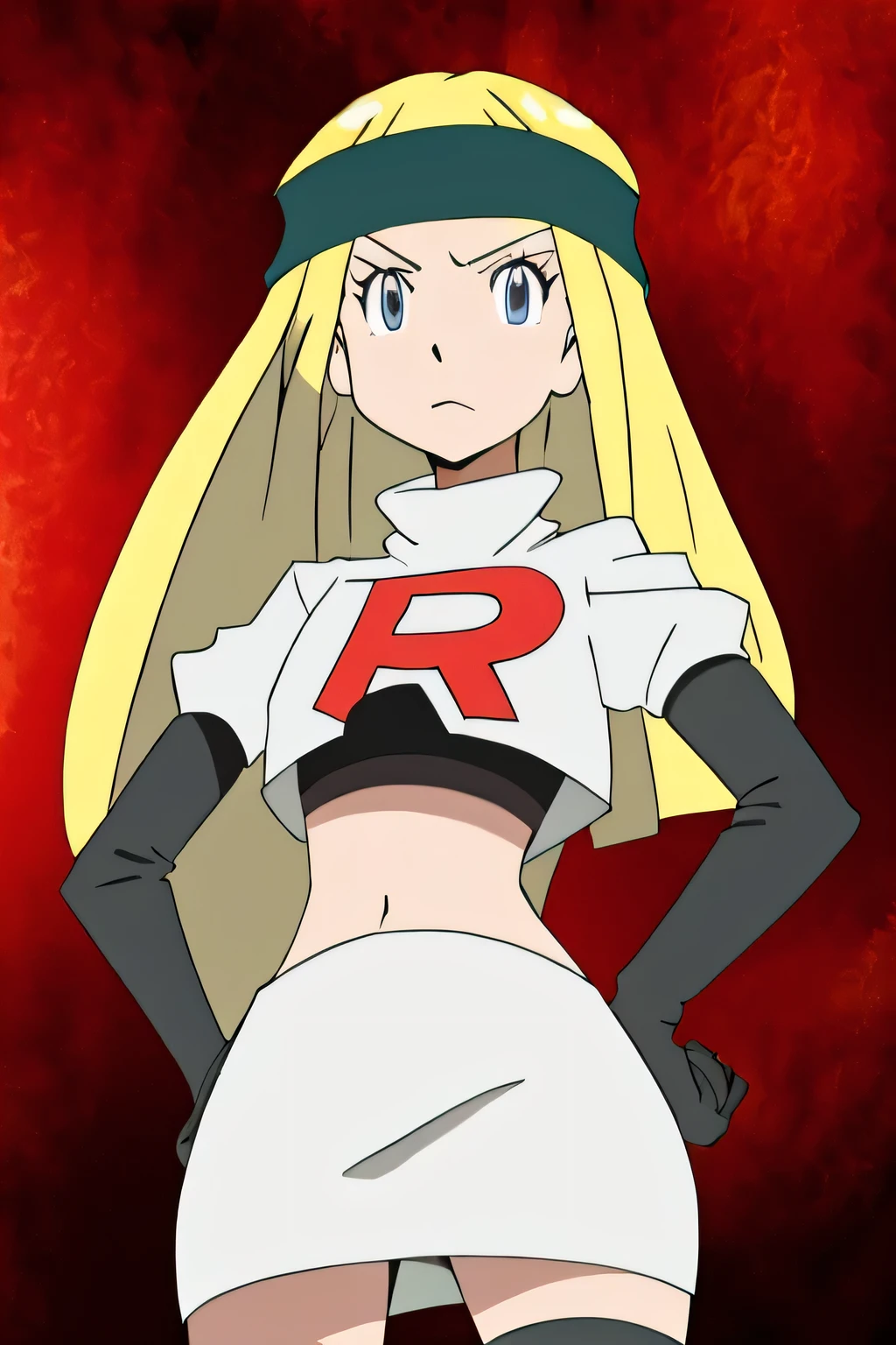 8k, masterpiece,highres,team rocket uniform, red letter r, white skirt,white crop top,black thigh-high boots, black elbow gloves, glaring angrily, looking down at viewer, hands on hips, cowboy shot, zettai ryouiki,from below, black panties,anime style, vivid colors, sharp focus, intense lighting,chihayap5, very long hair, blonde hair, headband