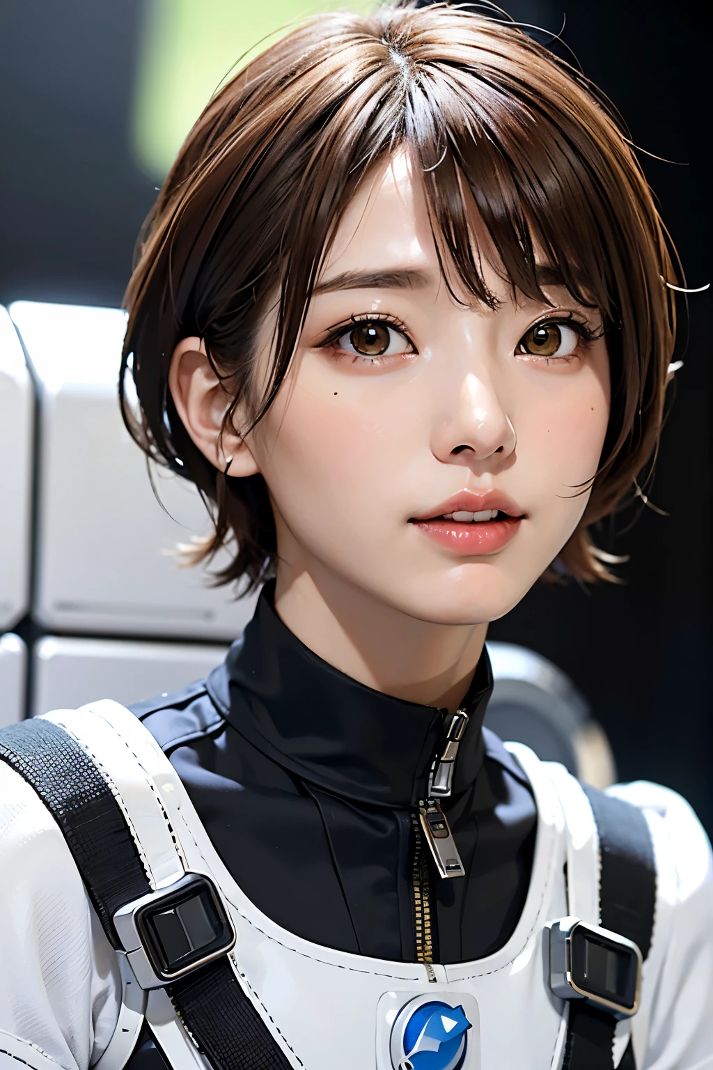 highest quality、masterpiece、ultra high resolution、(real:1.4)、Beautiful woman1、Beautiful details of eyes and skin、light brown short cut hair、small smile、latest space suit、space station、spaceship、Remains、cloudy sky、Sci-Fi Taste、film grain、