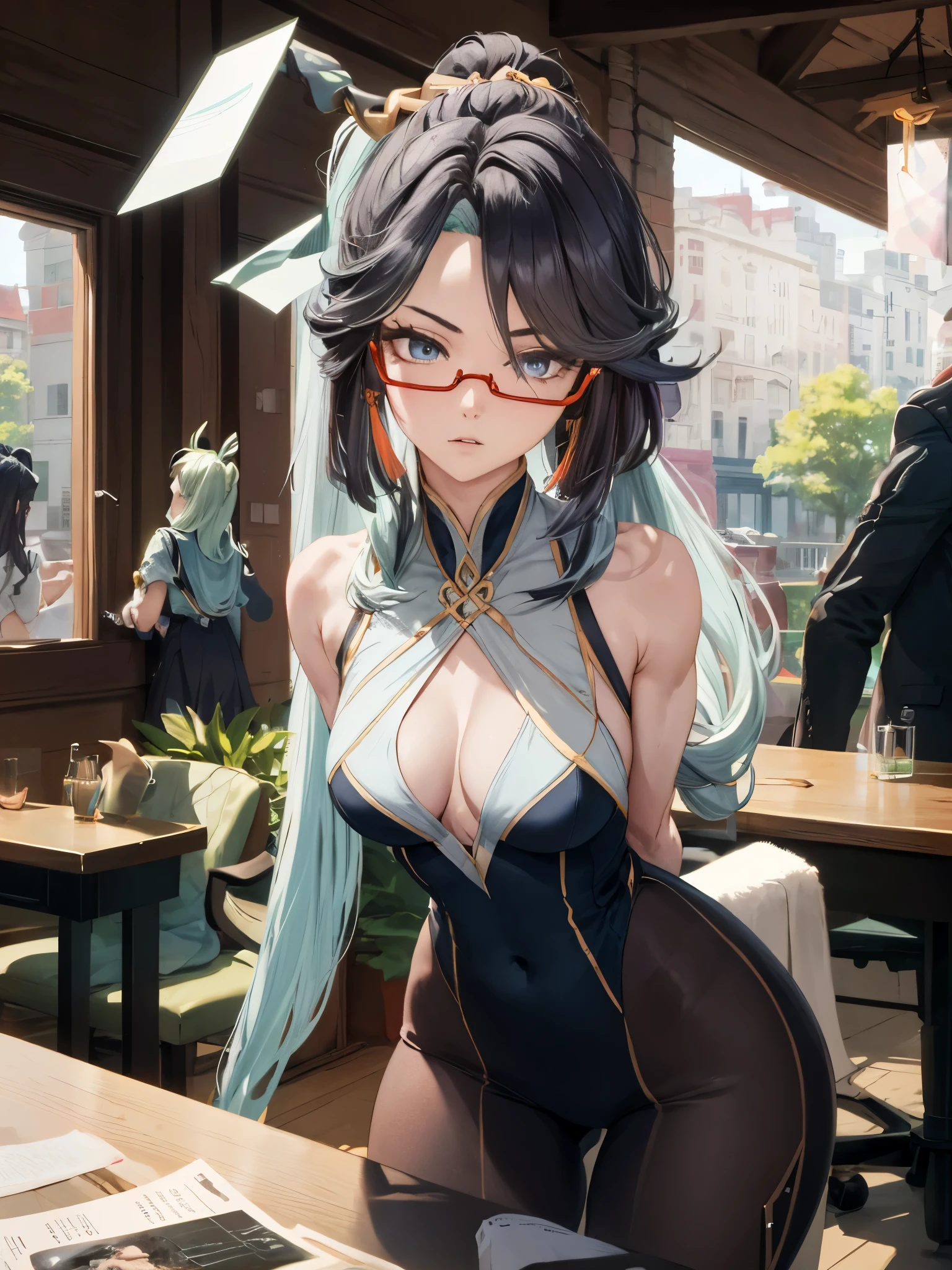 (masterpiece, best quality), 1girl, xianyun, glasses,ponytail, red-framed eyewear, under-rim eyewear,ponytail,
BREAK ((arms behind back:1.5)),
BREAK ((top quality, 8k, masterpiece: 1.3, ultra hd, high quality, best quality, high definition, realism)), sharp focus: 1.5, Beautiful woman with Slim body, (perfect hands, perfect anatomy),