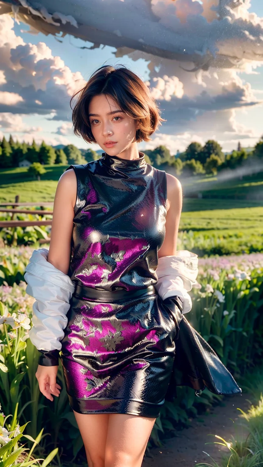 (realistic:1.3), finely detailed, quality, rembrandt lighting, (masterpiece:1.2), (photorealistic:1.2), (best quality), (detailed skin:1.3), (intricate details), dramatic, ray tracing, 1girl, short hair, 21 years old, medium breasts, (Meadow, Sun, Clouds, Field, Farming, Starlight, Walking trail)