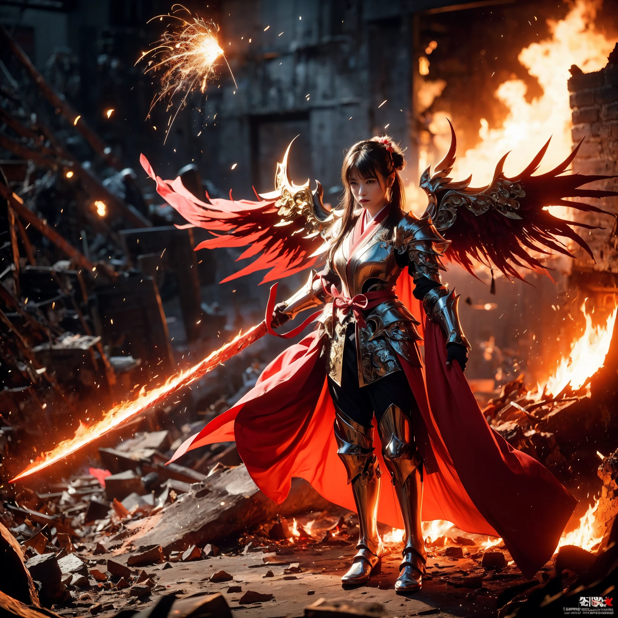 (((Realistic, masterpiece, best quality, crisp detail, high definition, high detail, very rich detail, sharp focus, sharp detail, colorful, rich color, perfect studio lightning))), ((20 years old, six armed japanese goddess of fire, kasumi arimura)) in the molten lava flood, wearing (((beautiful decorated golden heavy armor, phoenix armor, phoenix pinions, decorated full body armor, fully armored beautiful kimono, wide phoenix fire wings, blue aura))), (flying, floating, standing split, hands of fire, fire swords, blood scattered face, blood tears, blood bath, blood shed), (((blood, death, japan bakumatsu period, dead bodies, burned japanese castle, catastrophe, exploding volcano, meteor shower, molten lava, flood)) background), shot from below