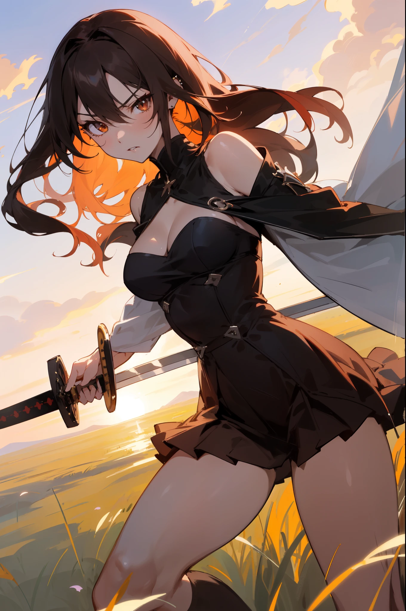 (highest resolution, distinct_image) The best quality, semi realistic, highly detailed, finely detailed face and eyes, 1 woman, isekai, beautiful, hair between eyes, sword, long jet-black hair, reddish-brown eyes, fantasy, travelling, on a path, meadow, sunset, longsword on back, cleavage, show thighs, show shoulders, sharp piercing eyes, focused, glaring