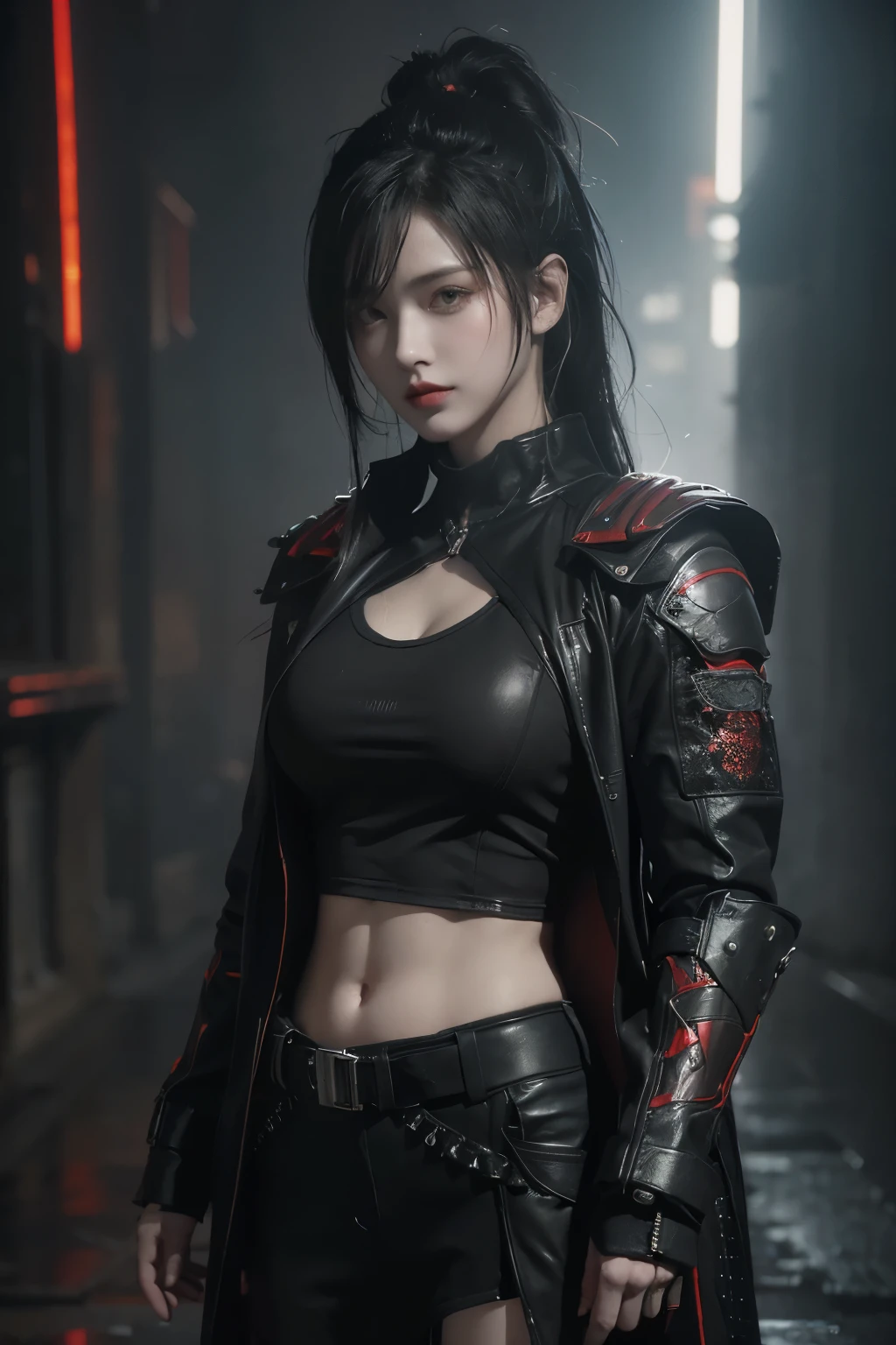tmasterpiece,Best quality,A high resolution,8K,(Portrait photograph:1.5),(ROriginal photo),real photograph,digital photography,(Combination of cyberpunk and fantasy style),(Female soldier),20 year old girl,random hair style,By bangs,(Red eyeigchest, accessories,Redlip,(He frowned,Sneer),(Cyberpunk combined with fantasy style clothing,Openwork design,joint armor,police uniforms,Racing Girl Coat),exposing your navel,Photo pose,Realisticstyle,Thunder and lightning on rainy day,(Thunder magic),oc render reflection texture