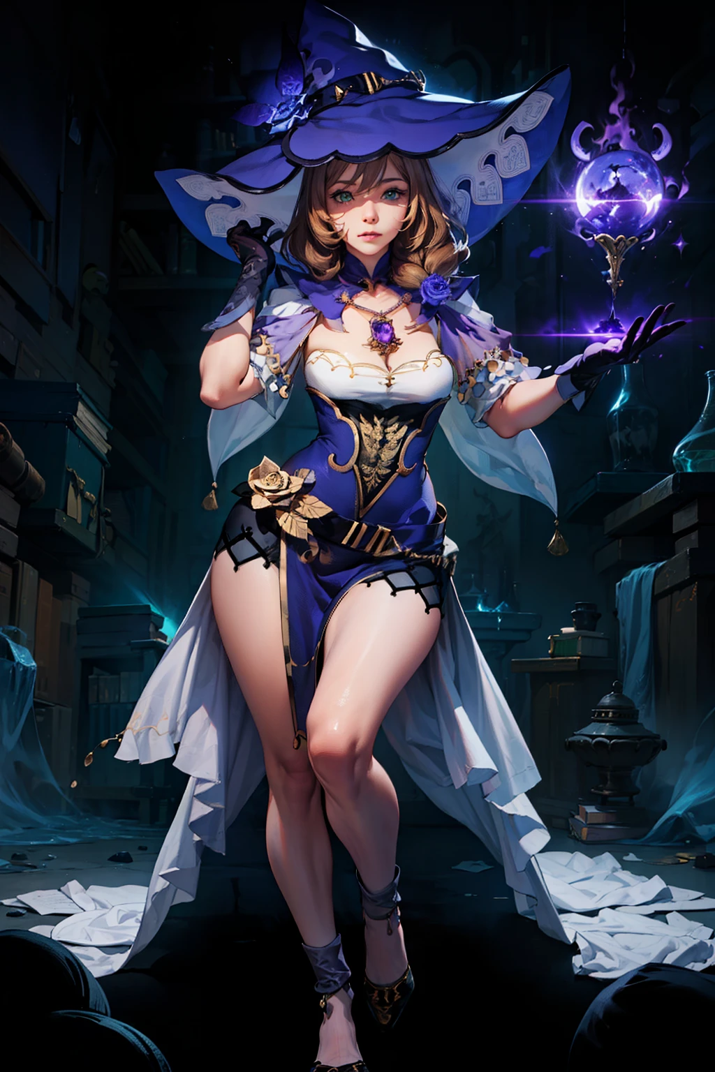 masterpiece, best quality, absurdres, volumetric lighting, 1girl, mage outfit ,mage hat, full body, unleashing aura, excessive energy, naturemagic ,magical energy , mana, fantasy,