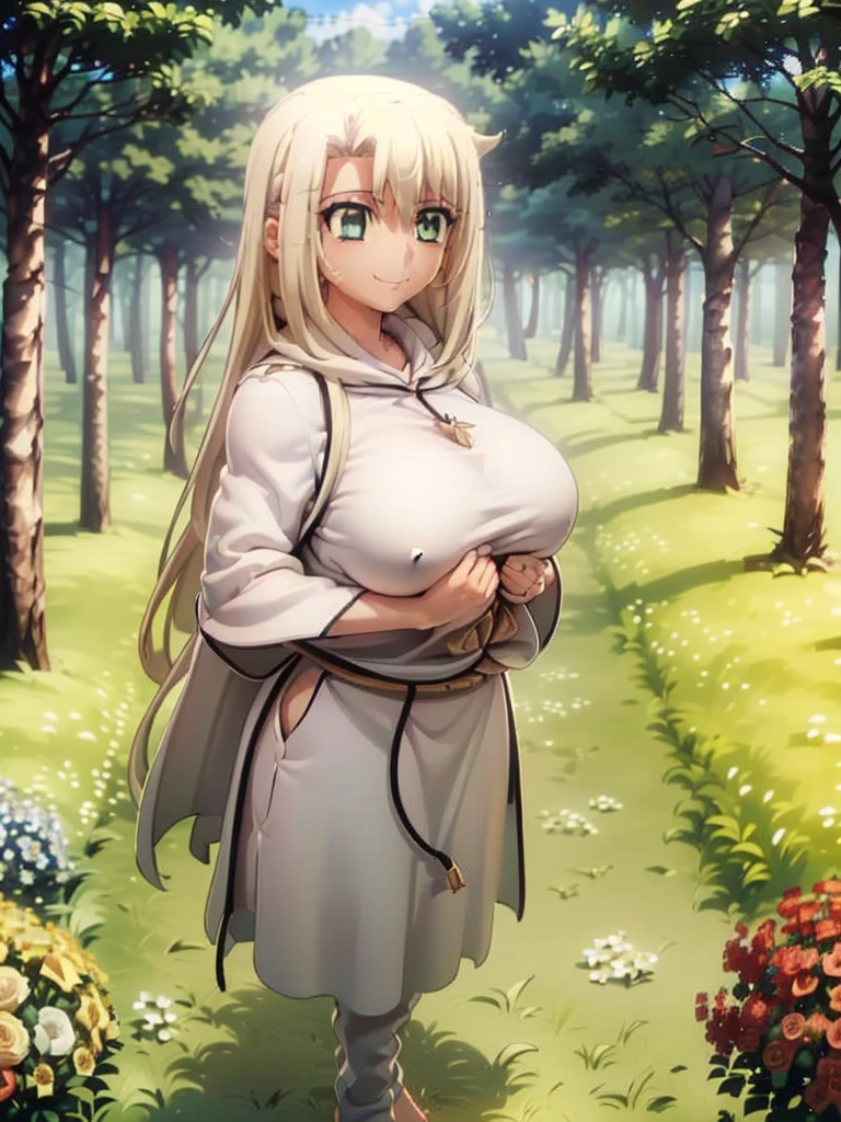 gran calidad ++ Extremely detailed high resolusionolution, very aesthetic, ojos expresivos, (((Cara perfecta))), (((face symmetrical))), ((good anatomy)), (((manos perfectas))), (((8k))), UHD, Fondo de pantalla HD, (((alta calidra detallada, (((((1girl)))))), solamente, Obra maestra, La mejor calidad, high resolusion, Altamente detallado, (illustration), hermosos ojos detallados, (((combatant))), (((((1girl))))), ((((cuerpo completo)))), (((((((illyasviel von einzbern)))))), (((adult body))), (((green hair))), (((((white robe))))), (((barefoot))), side cutout, Cabello largo y ondulado, (((green eyes))), (((milfication))), (((mature female))), (((((gigantic breasts))))), (((Dedos detallados))), (((Smile))), (((asymmetrical body))), (((asymmetrical hair))), (((asymmetrical clothes))), Dedos precisos, Manos no antinaturales, strange eye, columnas griegas, exterior, (((hermoso bosque majestuoso))), hojas de parra rodeando las columnas, (((arbustos de flores por todas partes))), cielo despejado, bright sunny day, (((bosque celestial))),