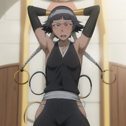 ( Anime screenshots:1.1),outdoor, 
1 girl, alone, black hair, side breasts,permanent, short hair with long locks, japanese clothing, Hip vents, no underwear,short hair, small breasts, (white eyes:1.1),No eyeballs, Also available in black, Do not wear a headdress,low double braids,Facing the audience, looking at the audience, tired, from below, (Show armpits:1.3), Sexy, Sweat，(ahegao), (Roll your eyes), naughty face, blush, open mouth, Sticking out tongue, saliva, Slobber,Runny nose,skinny, raise arms, (arms above head:1.5)