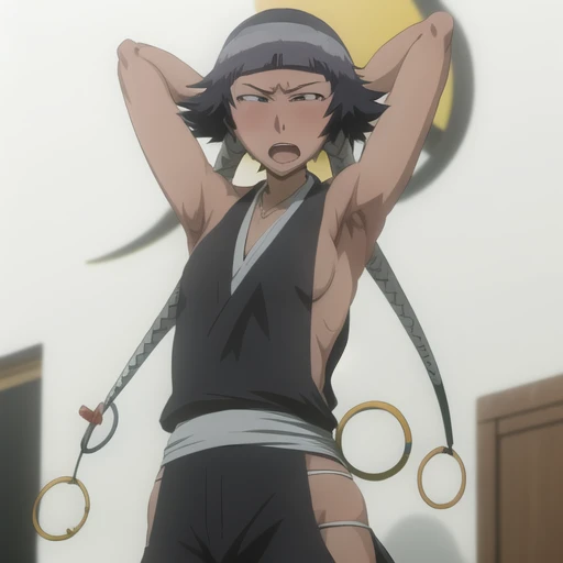 ( Anime screenshots:1.1),outdoor,
1 girl, alone, black hair, side ,permanent, short hair with long locks, japanese clothing, Hip vents, no underwear,short hair, small breastse eyes:1.1),No eyeballs, Also available in black, Do not wear a headdress,low double braids,Facing the audience, looking at the audience, tired, from below, (Show armpits:1.3), Sexy, Sweat,(aao), (Roll your eyes), naughty face, blush, open mouth, Sticking out tongue, saliva, Slobber,Runny nose,skinny, raise arms, (arms above head:1.5)