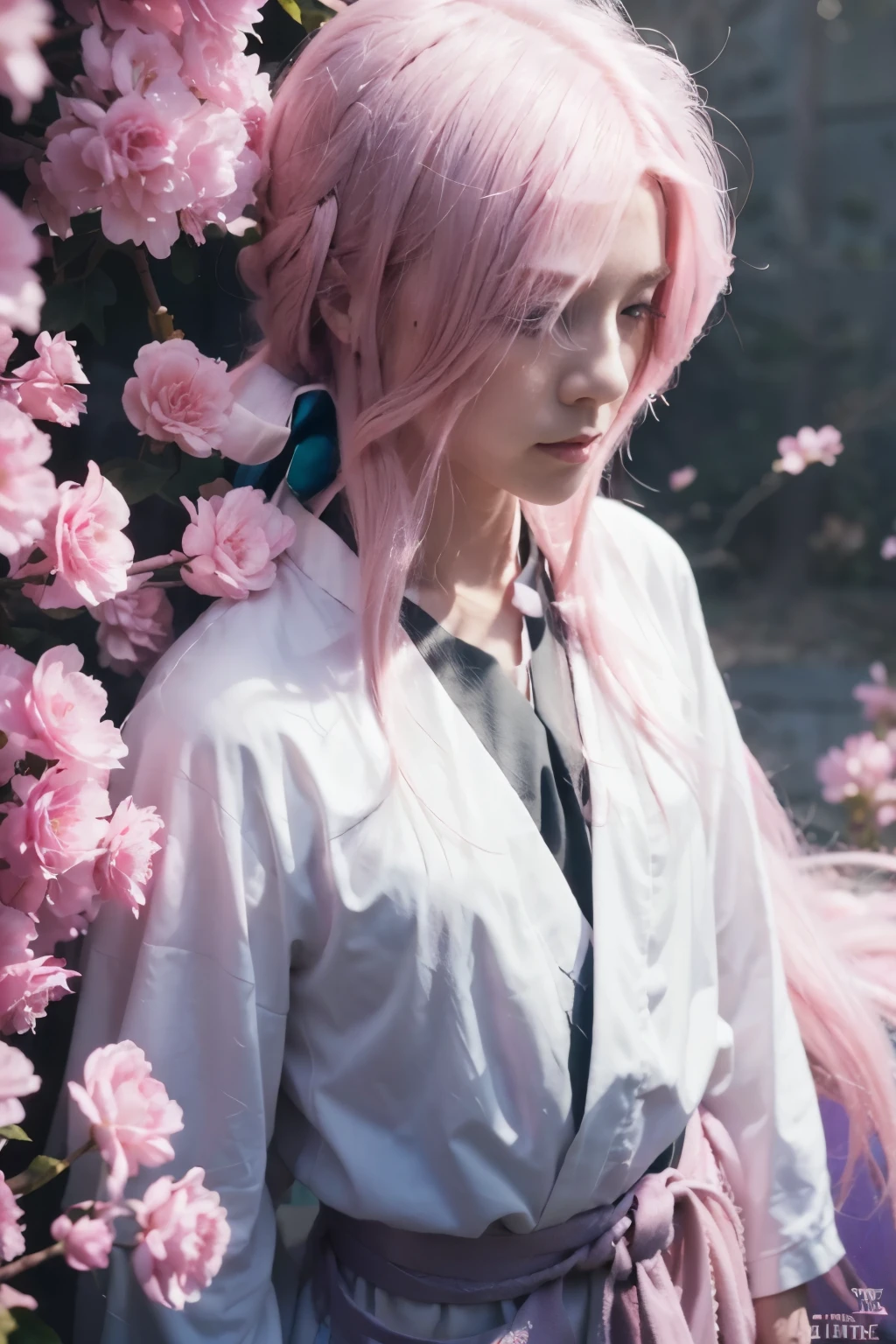 Keep this face, More long pink hair, More long pink hair, More more more long pink hair, make flower is pink too, he wear white kimono, beutiful and gentle, slient
