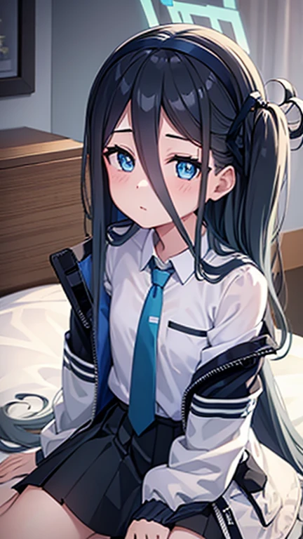 bluearchivearis, aris, black hair, blue eyes, hair between eyes, halo, long hair, one side up, hair ribbon, (flat chest:1.2),
BREAK necktie, blue necktie, jacket, skirt, , white shirt, collared shirt, black skirt, white jacket, long sleeves, laying on your bed, 
BREAK looking at viewer, 
BREAK indoors, bed,
BREAK (masterpiece:1.2), best quality, high resolution, unity 8k wallpaper, (illustration:0.8), (beautiful detailed eyes:1.6), extremely detailed face, perfect lighting, extremely detailed CG, (perfect hands, perfect anatomy), 