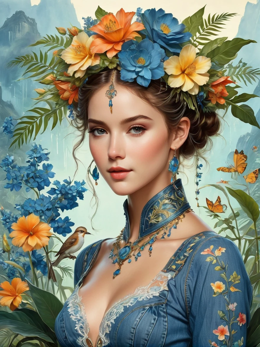 Summer tropical floral forest, at the Victoria's Secret Fashion Show, a Western beautiful girl wearing a denim blue sexy lace-trimmed top, adorned with flowers and plants, perfect symmetrical body shape, beautiful flawless symmetrical face, complex, elegant, very detailed, 8K, digital, trending on Pinterest, "Harper's Bazaar", concept art, sharp focus, illustration, authors: Art Jem, Tom Bagshaw, Lawrence Alma-Tadema, Greg Rutkowski, Norman Rockwell, golden ratio, gentle smile
