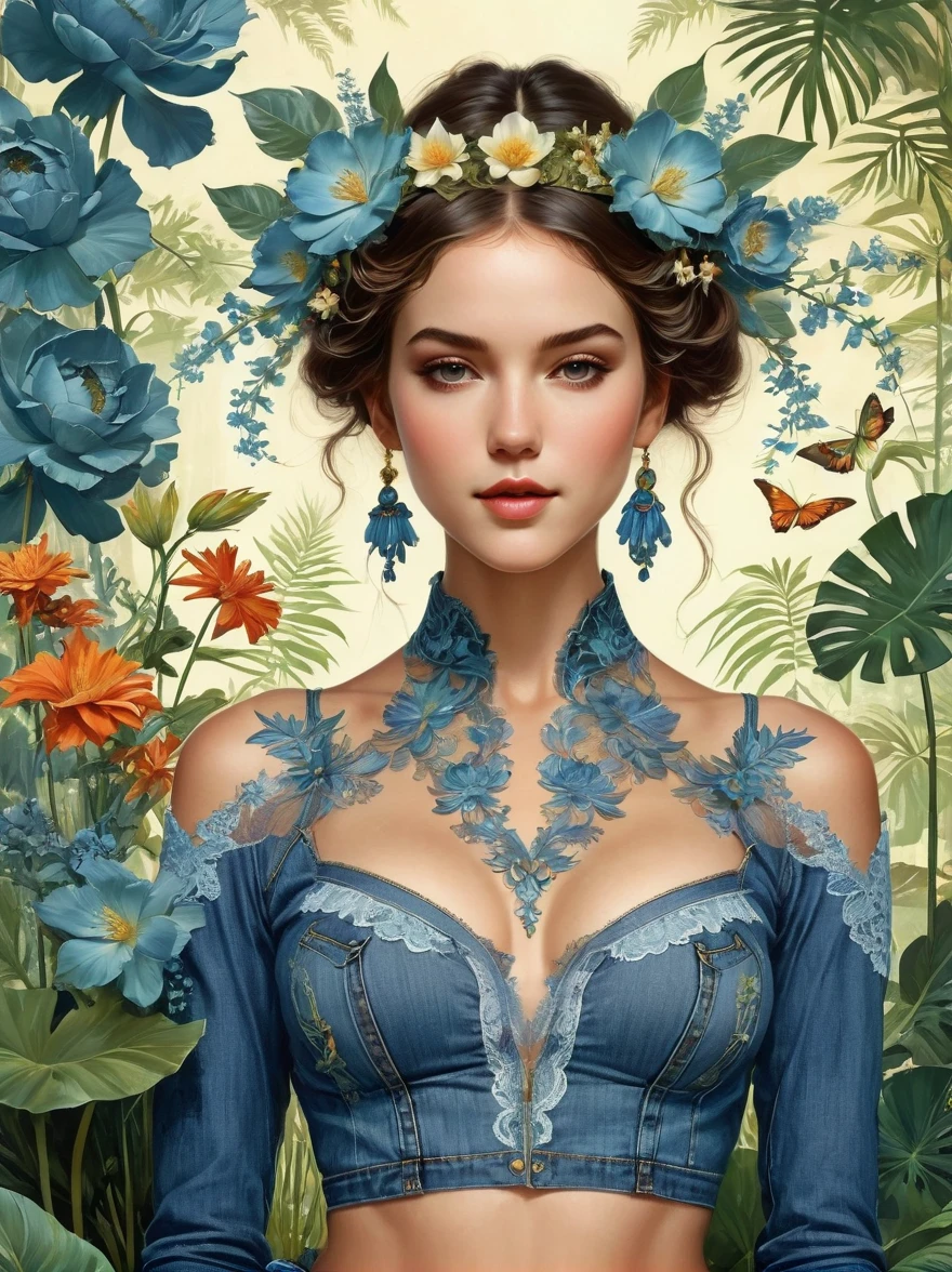 Summer tropical floral forest, at the Victoria's Secret Fashion Show, a Western beautiful girl wearing a denim blue sexy lace-trimmed top, adorned with flowers and plants, perfect symmetrical body shape, beautiful flawless symmetrical face, complex, elegant, very detailed, 8K, digital, trending on Pinterest, "Harper's Bazaar", concept art, sharp focus, illustration, authors: Art Jem, Tom Bagshaw, Lawrence Alma-Tadema, Greg Rutkowski, Norman Rockwell, golden ratio, gentle smile