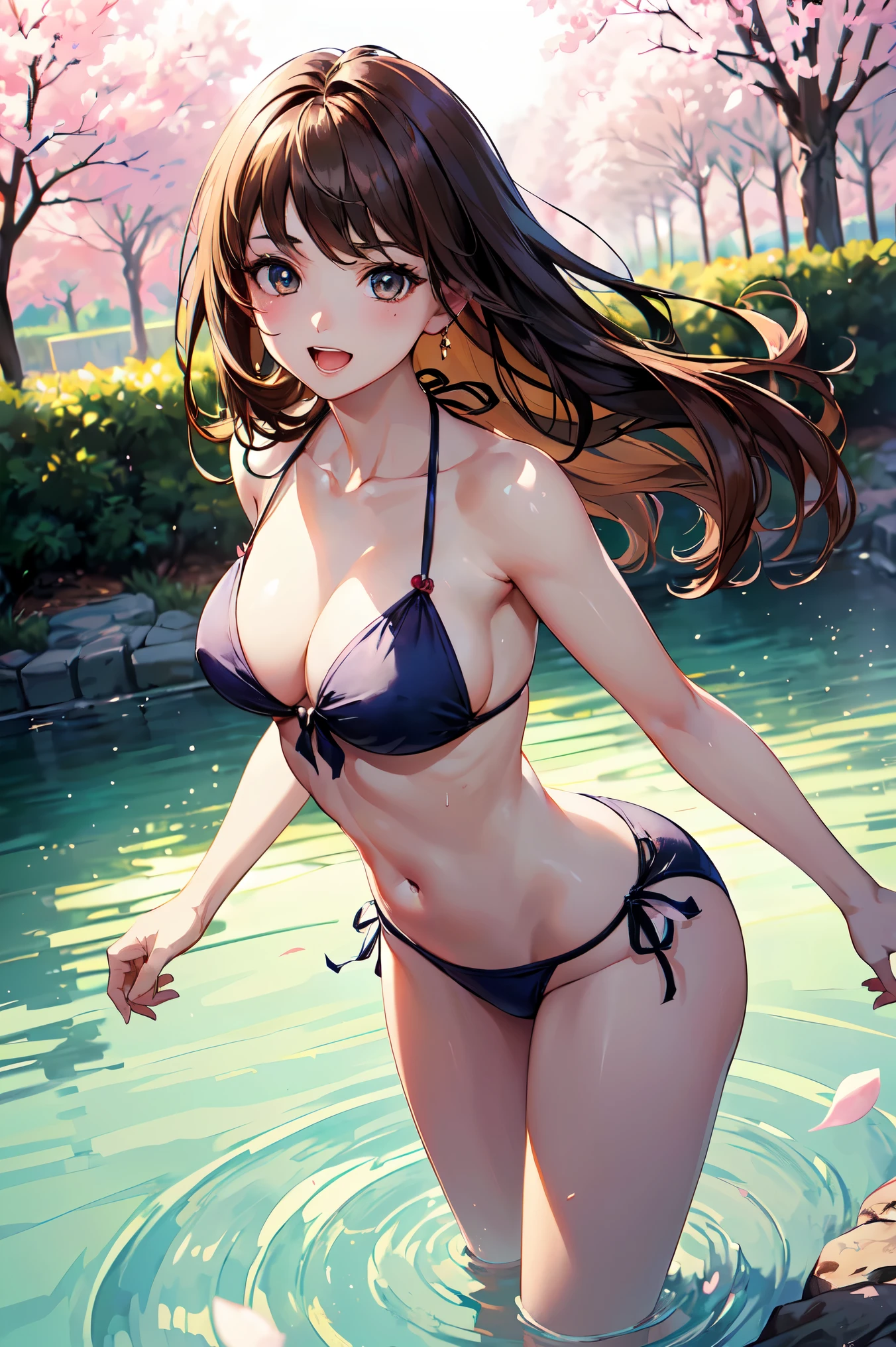 (((highest quality、masterpiece、highest quality、very high resolution、Super high quality、perfect pixel))), (((A beauty from the finest arts college,one woman,single, solo))), ((He has a neat face,Beautiful faces are described in detail, blush、cute face、beautiful outline、smile, open your mouth:1.2)), ((long hair, bangs, brown haired:1.5)),((Beautiful long, narrow eyes:1.4, beautiful eyes,strong-willed eyes, beautiful eyelashes, realistic eyes)), ((Medium chest,chest enhancement,emphasize,beautiful feet:0.9)),((She is wearing a front-tied bikini.)),((realistic skin texture:0.75, realistic texture:0.65, realistic:1.1, Anime CG style, Bright colors)), ((standing posture,dynamic angle, perfect body,dynamic pose, model shoot)), ((Mysterious open-air bath,Cherry tree)),The wind is blowing、beautiful anime woman, beautiful art style, anime character、Overall image、Detailed image、accurate anatomy、Image without defects、natural soft light、beautiful images、highly detailed images、(Best Shot 1.2)