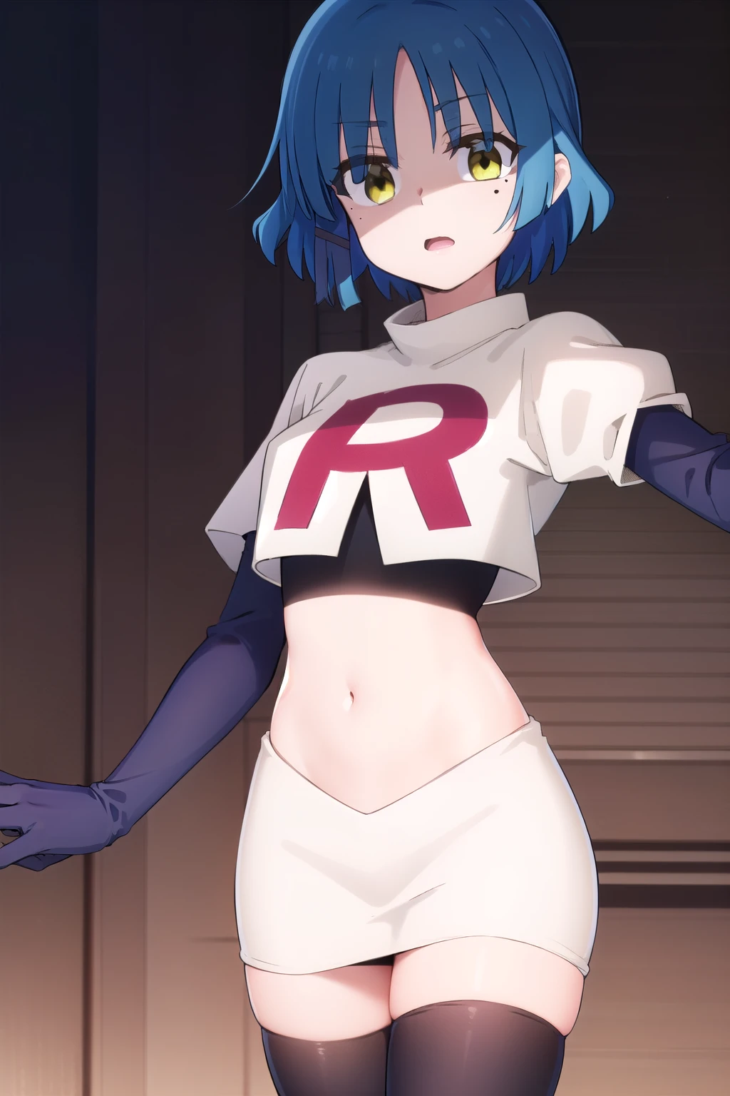 ryouyamada, ryou yamada, blue hair, eyes visible through hair, mole, mole under eye, short hair, (yellow eyes:1.3), hairclips,
BREAK team rocket,team rocket uniform,white skirt,red letter R,crop top,black thigh-highs,black elbow gloves
BREAK looking at viewer, (cowboy shot:1.5),
BREAK (masterpiece:1.2), best quality, high resolution, unity 8k wallpaper, (illustration:0.8), (beautiful detailed eyes:1.6), extremely detailed face, perfect lighting, extremely detailed CG, (perfect hands, perfect anatomy),