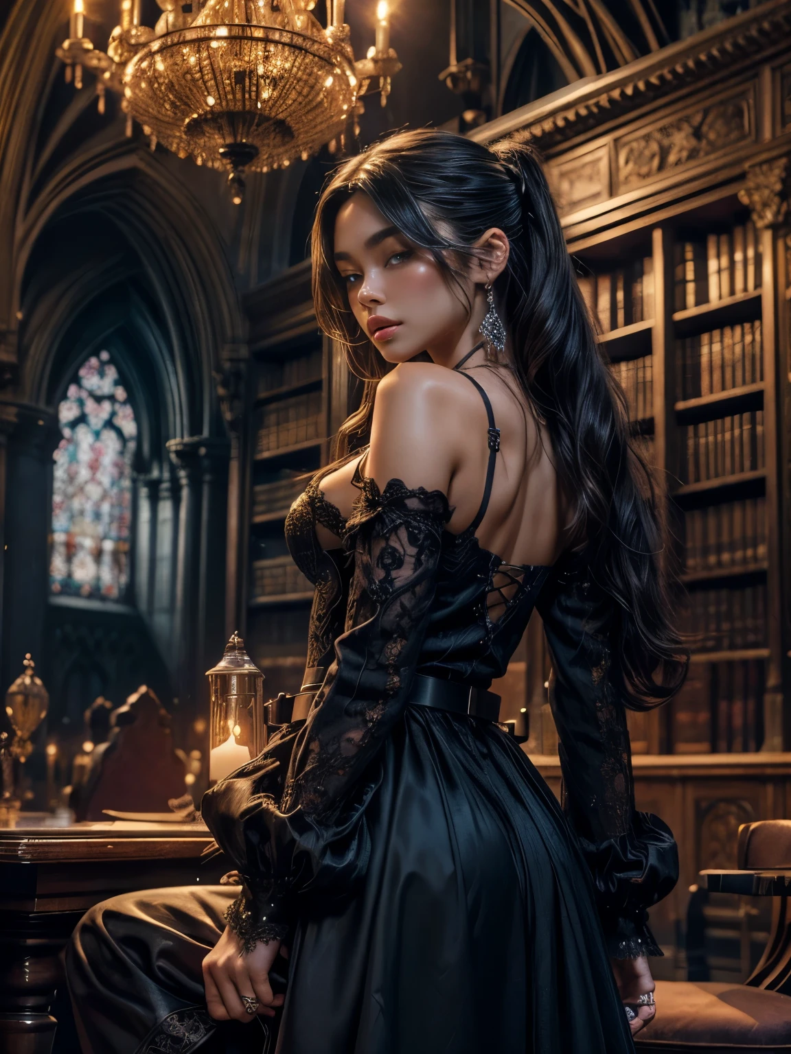 Hyper realistic super detailed sexy Madison Beer, expressions faciales sexy, seductive facial expressionace detail: 1.4): 0.4], 16K resolution, 4k resolution, (Ventre plat parfait), (image couleur), BREAK I. Outfiegant, enchanting, long and fitted dress, plunging back, deep neckline, long lace sleeves, belt adorned with mystical symbols, high-heeled boots, black and silver jewelry. II. Venue: Gothic castle, dark and mysterious atmosphere, dim lighting with chandeliers, library full of old grimoires, mirrors framed with magical motifs, incense-scented candles, mystical mist floating in the air. III. Decoration: Gothic ambiance, dim lighting with violet and blue lights, refined furniture with touches of black and silver, black velvet drapes, mirrors adorned with witchcraft motifs, lavender-scented candles, BREAK, looking at viewer, masterpiece, best quality, highly detailed, desire, blush, (Beautiful and detailed eyes description), (beautiful and detailed face), Perfect female body, (Best Quality), (ultra-detailliert), (masuter piece), (hight resolution), (Original), (the Extremely Detailed CG Unity 8K Wallpapers)
