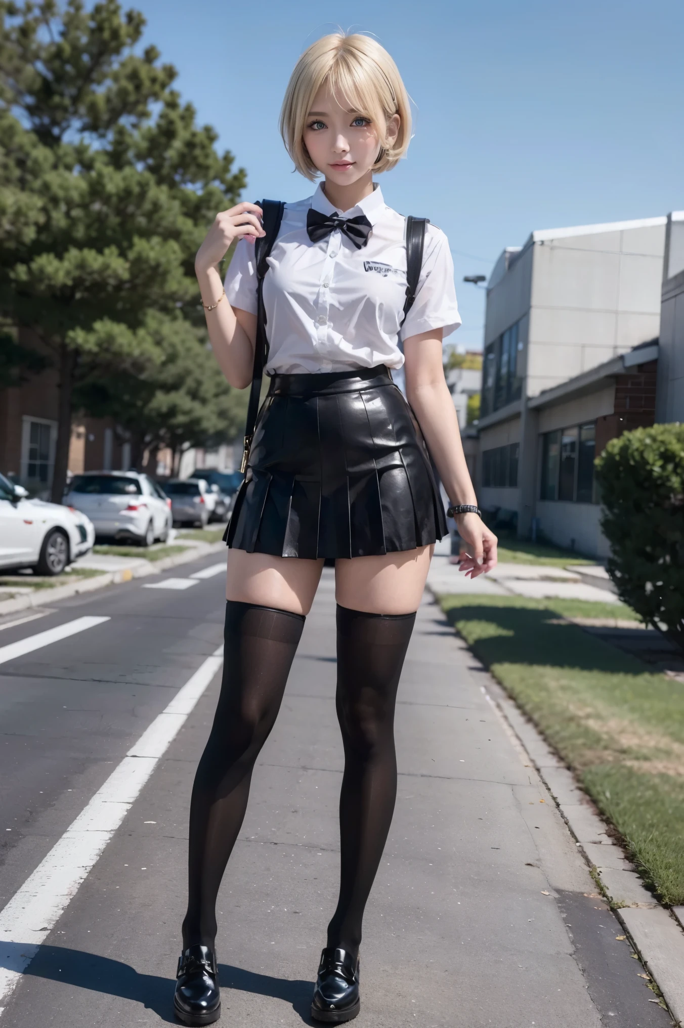((There are four people:1.8))、(4 sisters)、gal、(neon street)、(Four tall high school girls with model-like figures:1.7)、(Standing facing this), Full body photo shoot、(school trip photos)、(wide thighs, とてもlong legs), high heels on the ground, classroom, (masterpiece:1.3), (8K, realistic, Raw photo, highest quality: 1.4), beautiful face, (realistic face), (blonde short cut:1.3), realistic目, Pretty pretty eyes, realistic skin, beautiful skin, ultra high resolution, Super realistic, very detailed, golden ratio, cute, cute female teacher, High school girl in summer clothes, surreal high school girl, pleated micro mini skirt, Milk splashed on the uniform、濡れたpantyhose、pantyhose, (black stockings)、high heel loafers, full body figure, thin arms, (big breasts)、black leather designer bag、 High school girl in jk uniform, surreal high school girl, pleated micro mini skirt, Milk splashed on the uniform、ミルクがぶっかかったpantyhose、pantyhose, black stockings、high heel loafers, full body figure, thin arms, big breasts、 wide thighs、long legs,