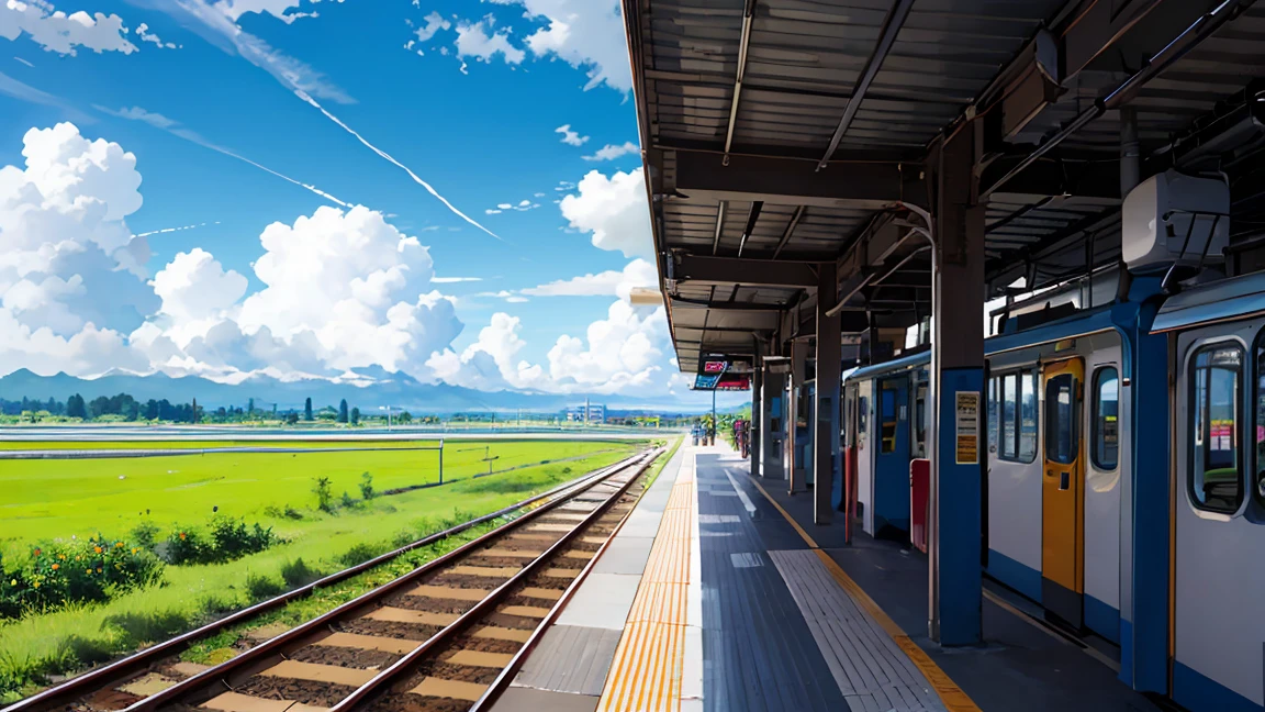 highest quality, beautiful vast plains, Lush, flower, earth, horizon, (Detailed modern station platform), cumulonimbus, Blue sky, Showers, eki platform