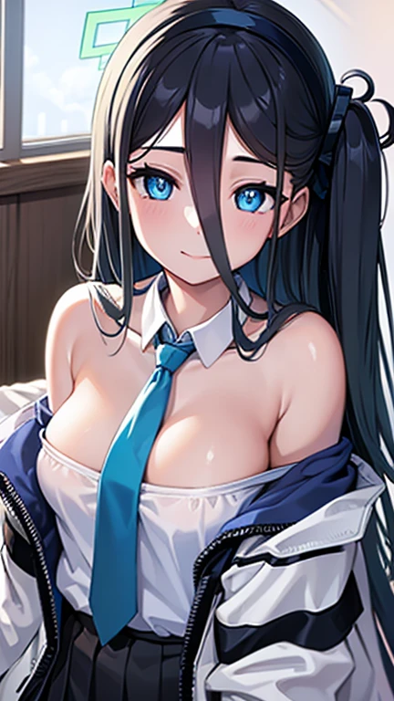 bluearchivearis, aris, black hair, blue eyes, hair between eyes, halo, long hair, one side up, hair ribbon,
BREAK necktie, blue necktie, jacket, skirt, , white shirt, collared shirt, black skirt, white jacket, long sleeves, laying on your bed,  laying on back, 
BREAK looking at viewer, 
BREAK indoors, bed,
BREAK (masterpiece:1.2), best quality, high resolution, unity 8k wallpaper, (illustration:0.8), (beautiful detailed eyes:1.6), extremely detailed face, perfect lighting, extremely detailed CG, (perfect hands, perfect anatomy), 