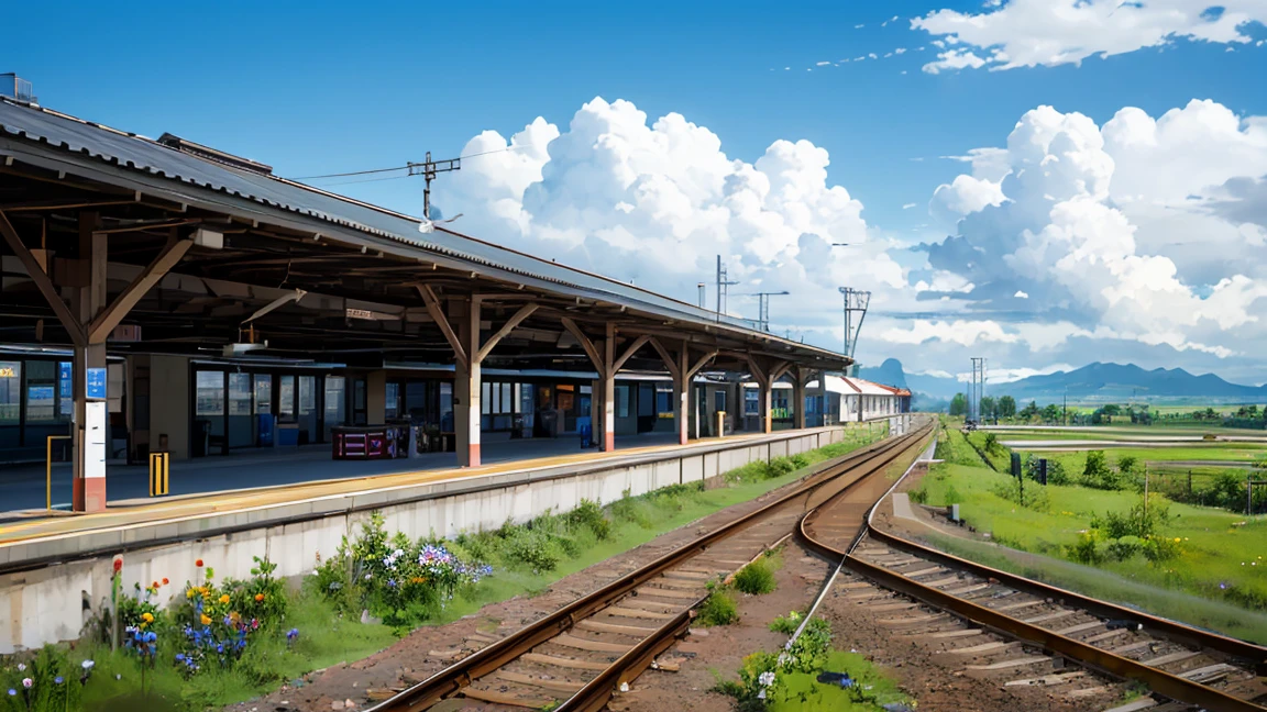 highest quality, beautiful vast plains, Lush, flower, earth, horizon, (Detailed modern station platform), cumulonimbus, Blue sky, Showers, eki platform