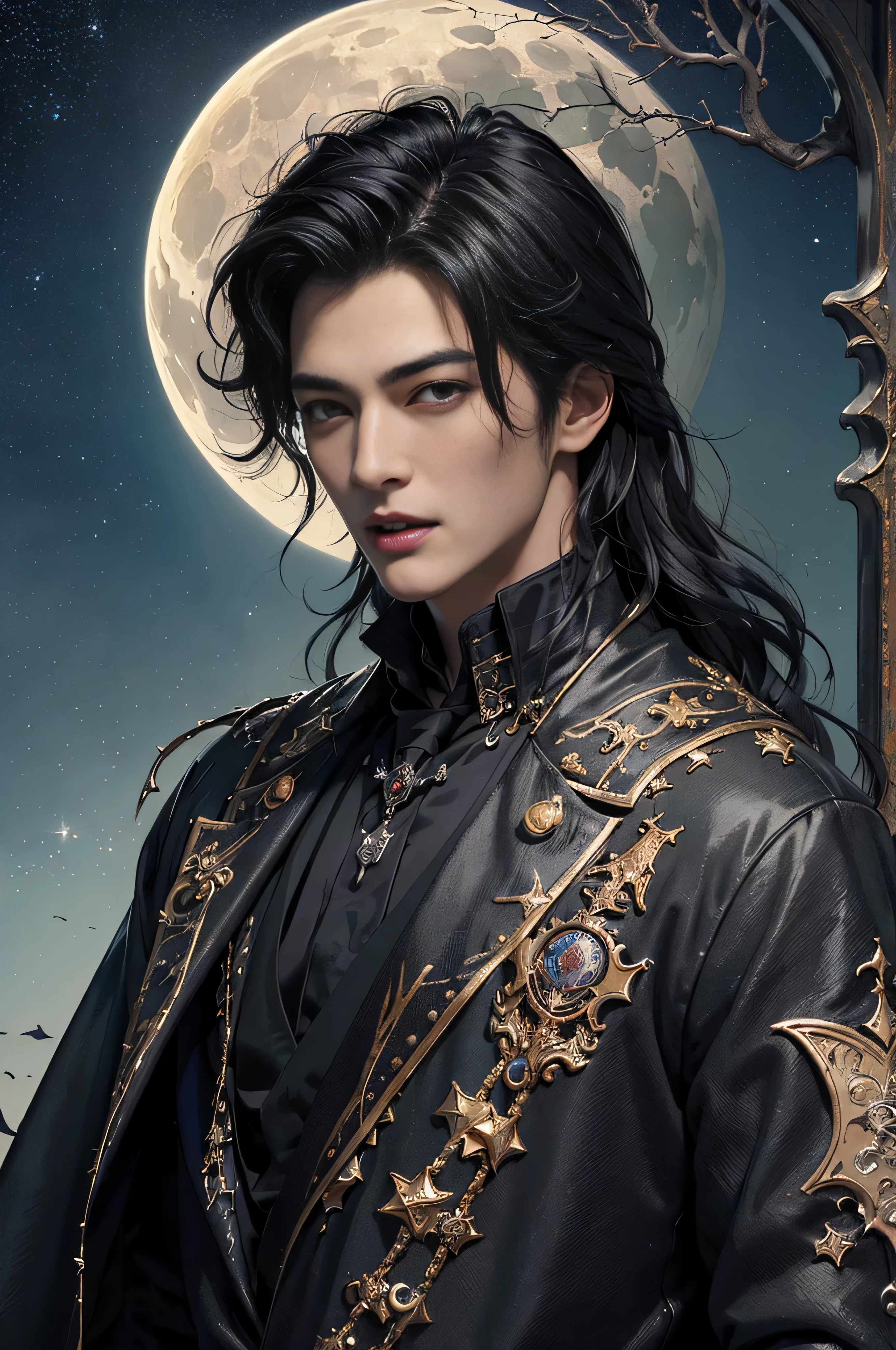 (masterpiece、top-quality、top-quality、Detailed and complex、official art、aesthetically pleasing:1.3)、(1 blackhaired male vampire in:1.3)、(Lee Min Ho look) (realistic art:1.3)、black coat, white shirt, gold accessories, gothic castle background. Moon and stars background, curly black hair