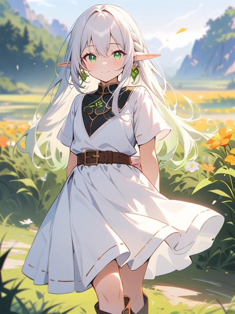 Xin Haicheng style, background blur, depth of field, game scene, masterpiece, HD, best quality, 16K,1 girl, alone, long hair, looking at the audience, Smile, Bangs, Raise your legs high, skirt, Double tail, jewelry, green eyes, permanent, whole body, flower, white hair, earrings, boots, outdoor, sky空, sky, pointed ears, belt, black Raise your legs high, white skirt, Capulet, brown footwear, Put your arms behind your back, Grass, Elf, white Capulet, La Rafael, Uavs, nahida