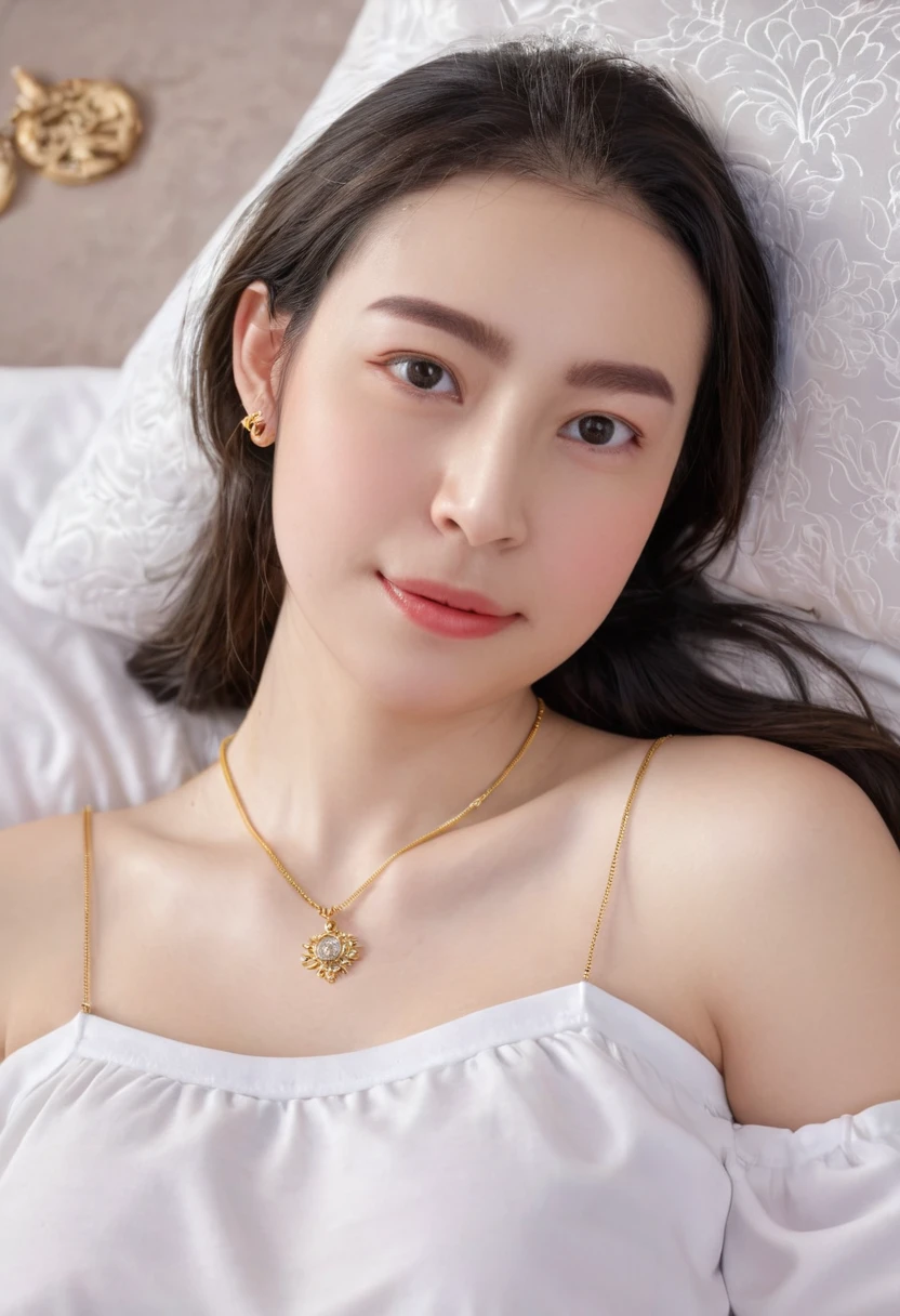 1 girl,8k, masterpiece,on bed, small gold necklace,lie down