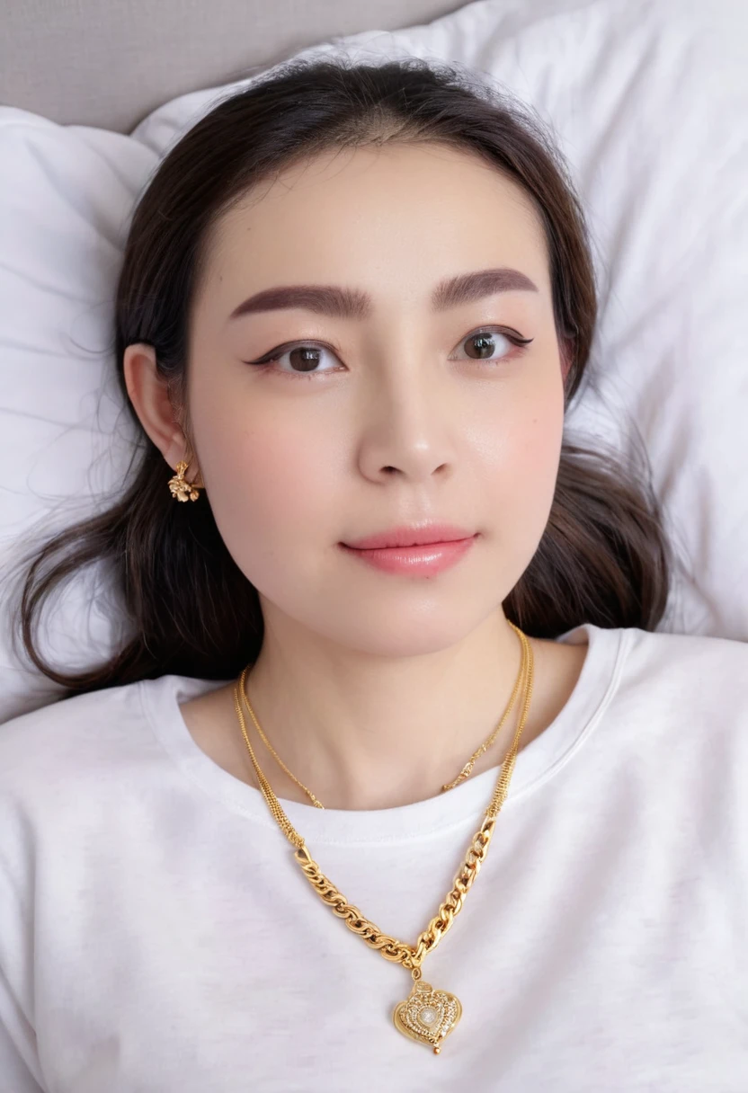 1 girl,8k, masterpiece,on bed, small gold necklace,lie down