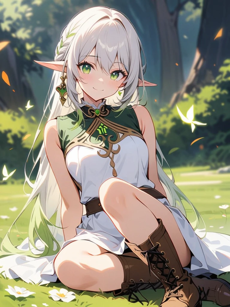 Xin Haicheng style, background blur, depth of field, game scene, masterpiece, HD, best quality, 16K,1 girl, alone, long hair, looking at the audience, Smile, Bangs, Raise your legs high, skirt, Double tail, jewelry, green eyes, permanent, whole body, flower, white hair, earrings, boots, outdoor, sky空, sky, pointed ears, belt, black Raise your legs high, white skirt, Capulet, brown footwear, Put your arms behind your back, Grass, Elf, white Capulet, La Rafael, Uavs, nahida