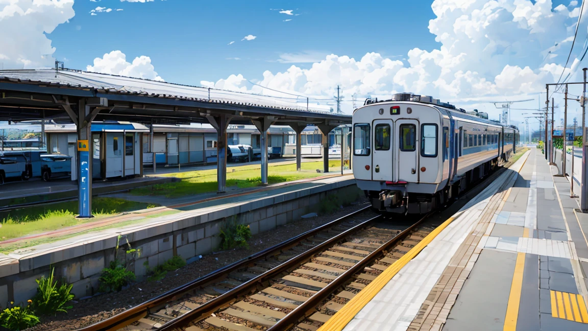 highest quality, beautiful vast plains, Lush, flower, earth, horizon, (Detailed modern station platform), cumulonimbus, Blue sky, Showers, eki platform, shinkai makoto