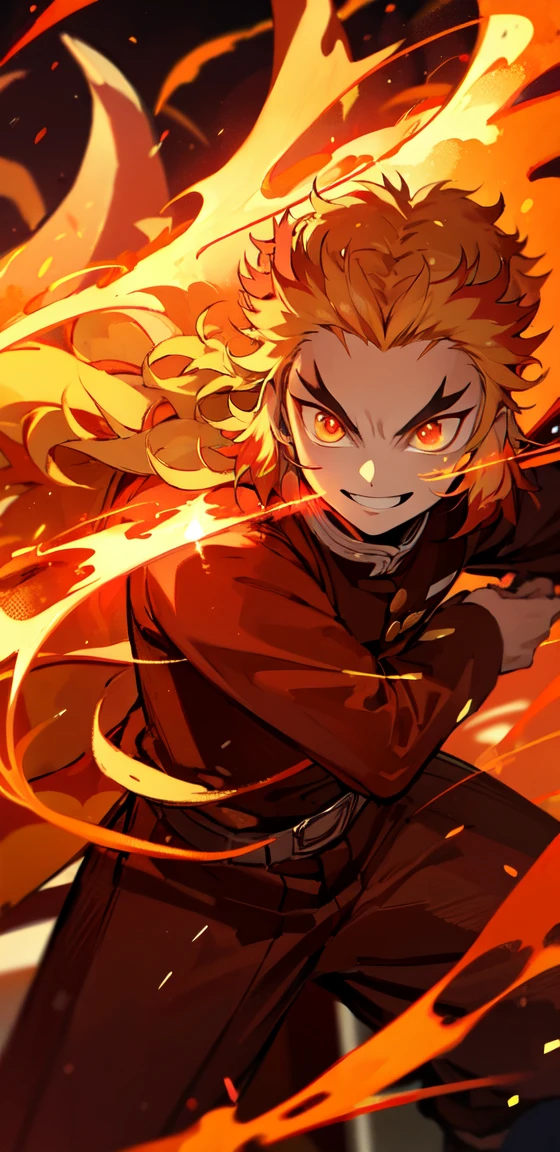 rengoku kyoujurou, 1 man, leaning towards viewer, facing viewer, battle stance, flames, wind, glowing light, beautiful lighting, smiling, determined expression