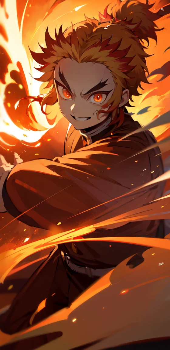 rengoku kyoujurou, 1 man, leaning towards viewer, facing viewer, battle stance, flames, wind, glowing light, beautiful lighting, smiling, determined expression