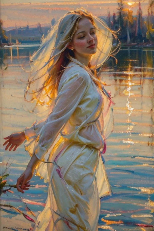 morning lake 8K,Masterpiece,Top Quality,From Below,Dynamic Pose,1 Girl,Portrait,Watercolor Sketch,Light,Long Hair,Reaching,Happy,Watercolor˶(Medium), Light Background