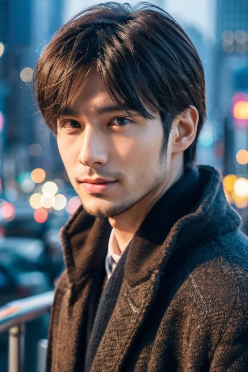 Photoreal, 8k Full Length Portrait, Handsome, 25 year old male, attractive look, Detailed details of the face, Tokyo city, winter, With Shibuya in the background