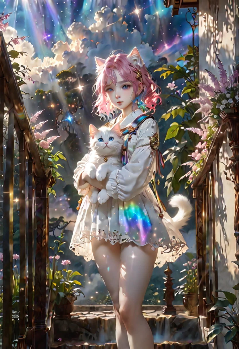 (8K、Raw photo、highest quality、look up:1.2、masterpiece:1.2、genuineistic、ultra high resolution、high contrast、photon mapping、genuine、Super detailed、official art, Raw photo、professional lighting、 light、Vivid atmosphere、twicelight) (1 girl), (full body figure), (Portrait of a Girl), (Young look),(Moist eyes), (beautiful face:1.3), (perfect proportions:1,2), (thin legs), (thin thighs), (long legs:1.2), (delicate), (height: 150cm), () , (Fair skin、white skin: 1.5), (lightブラウンのポニーテール), (Pink Hair Fastening), (One white kitten)A girl and a kitten on a hill。A breathtaking view from the hilltop。When the sun rises、Stars in the sky々And the Milky Way shines、The city of the future appears in the air like a heat haze.、On the ground、Surrounded by greenery、A medieval Roman city-state on the shores of a lake、Shining in the morning sun。An atmosphere that exudes the excitement of adventure。High Fantasy Worldview, Beautiful depiction of grand composition and proportions, Guardian nebula of rainbow light and silvery vapor, Corrosive Encirclement Ray Family Color, slimy air feeling,