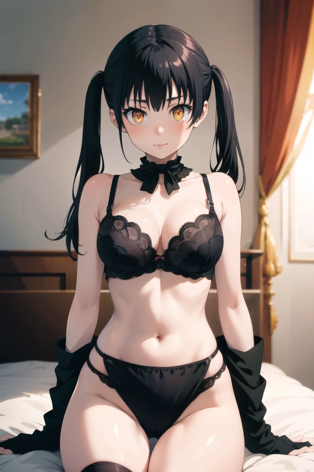 1girl, solo, Tamaki Kotatsu, laying on bed, happy , view at viewer, twintails, black hair, long hair, bangs, blush, orange eyes, beautiful lingerie, beautiful panties and bra , full body, pose (( laying)),(masterpiece:1.2), highres, best quality, 8k, very clear,