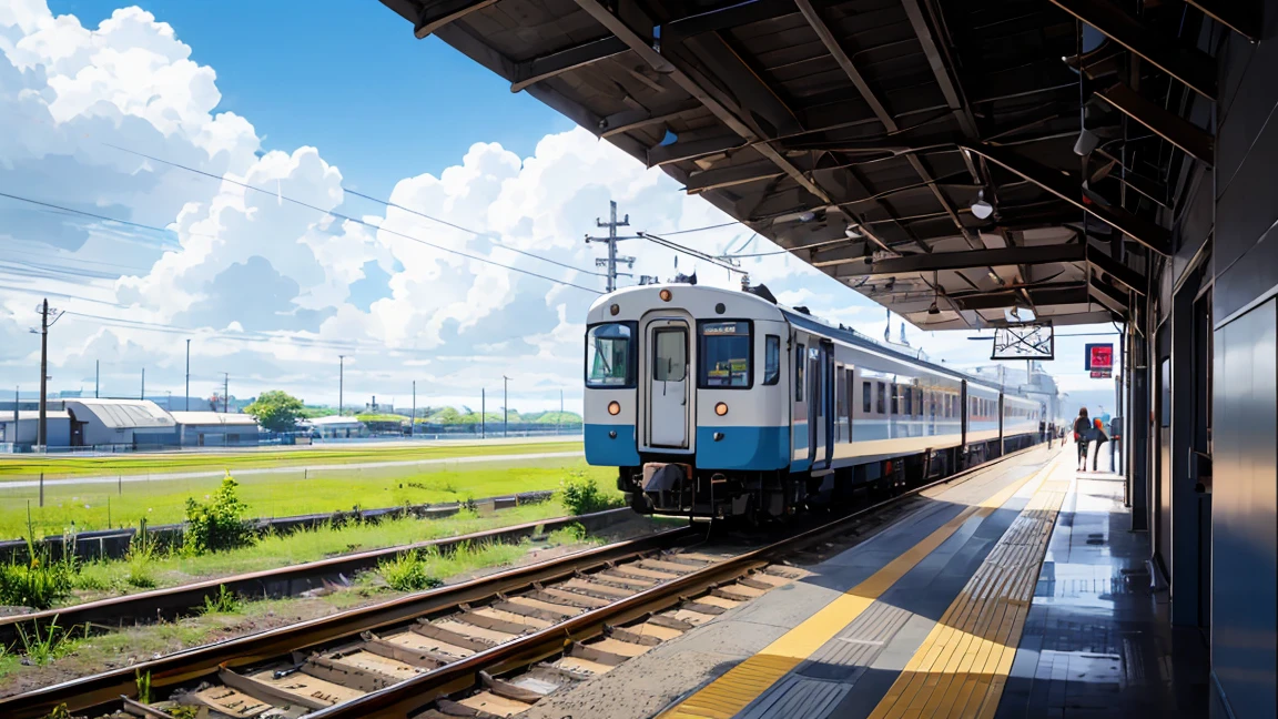 highest quality, beautiful vast plains, Lush, flower, earth, horizon, (Detailed modern station platform with a girl), cumulonimbus, Blue sky, Showers, eki platform, shinkai makoto