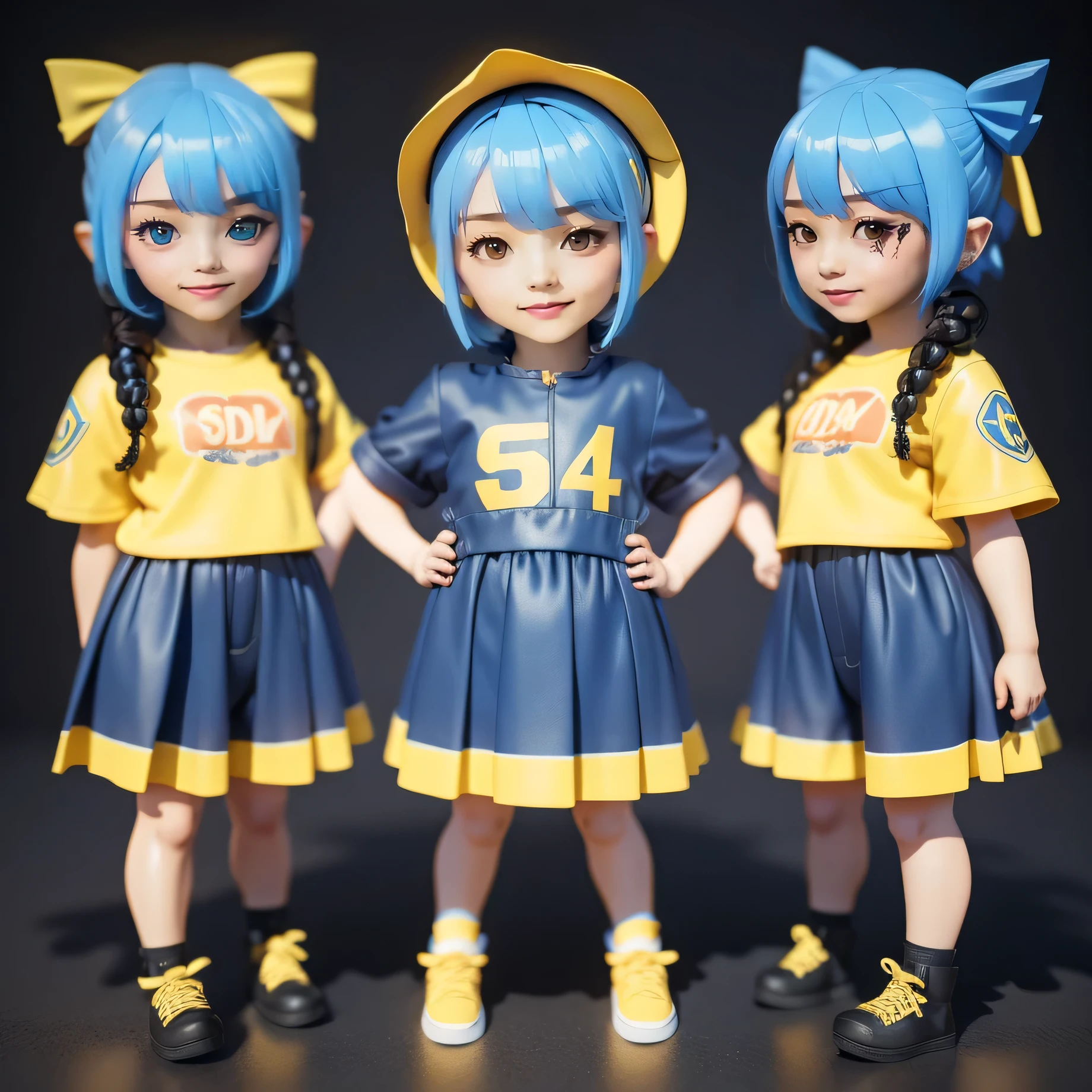 Blind box style girl full body, Chibi, Blue and yellow super detailed hair shades, 3D, c4dblender, OC renderer, ultra hd, 3D rendering