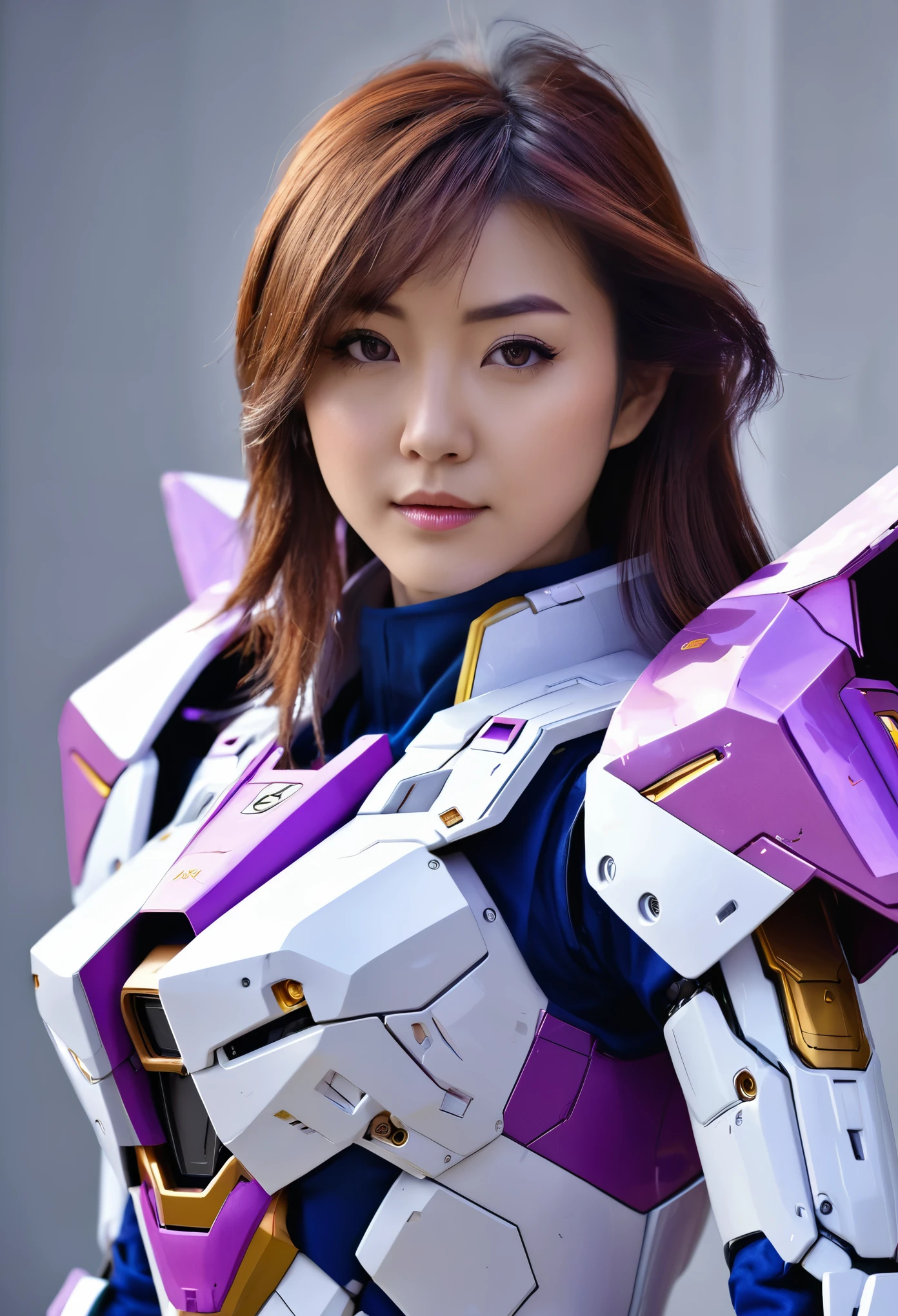 RAW, Masterpiece, Ultra Fine Photo,, Best Quality, Ultra High Resolution, Photorealistic, Sunlight, Full Body Portrait, Stunningly Beautiful,, Dynamic Poses, Delicate Face, Vibrant Eyes, (Side View) a full body of a woman in a purple and white gundam custume, dybamic pose, long brown very very long hair rapunzel, girl in mecha cyber armor, portrait armored astronaut girl, d. va from overwatch, female mecha, on a gundam, gundam head, chiho aoshima color scheme, mobile suit, streamlined purple armor, fully robotic!! girl, realistic cosplay, gundam armor (dynamic pose) (best cameraview), full body, sit down, full body