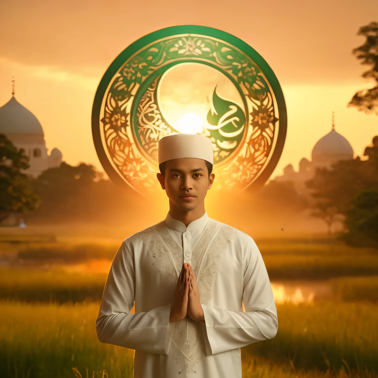 Fotografi, Bayangkan sebuah taman yang tenang bermandikan rona hangat matahari terbenam. Di jantung suasana yang tenang ini, menggambarkan seorang anak muda umur 50 tahun, wajah berbentuk oval, wajah berjanggut , atletis sedang berdiri, mengenakan baju muslim warna hitam, memakai songkok warna hitam di kepala, berkacamata hitam oakley, namaste position. di langit terdapat logo lingkaran bulat besar dengan dihiasi ornamen islam berwarna hijau dan emas dengan pita bertuliskan "Taqabalallahu Minna Wa Minkum ". kualitas terbaik, mata realistis, sangat detail, resolusi ultra tinggi, long shot, sangat nyata