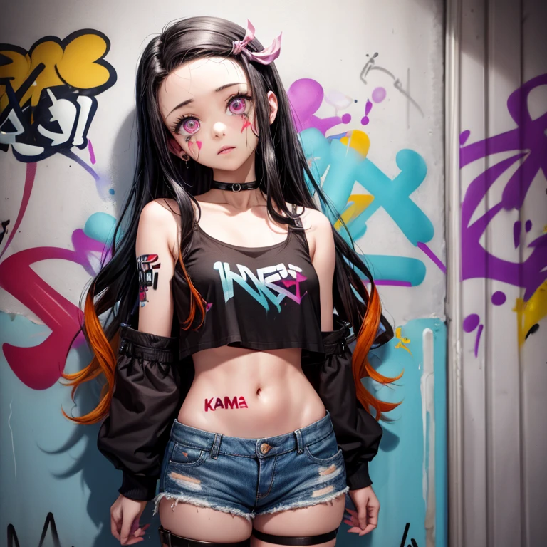 masterpiece, best quality, 1girl, solo, crop top, denim shorts, choker, (graffiti:1.5), paint splatter, arms behind back, against wall, looking at viewer, armband, thigh strap, paint on body, head tilt, bored, multicolored hair, aqua eyes, headset, nezuko kamado
